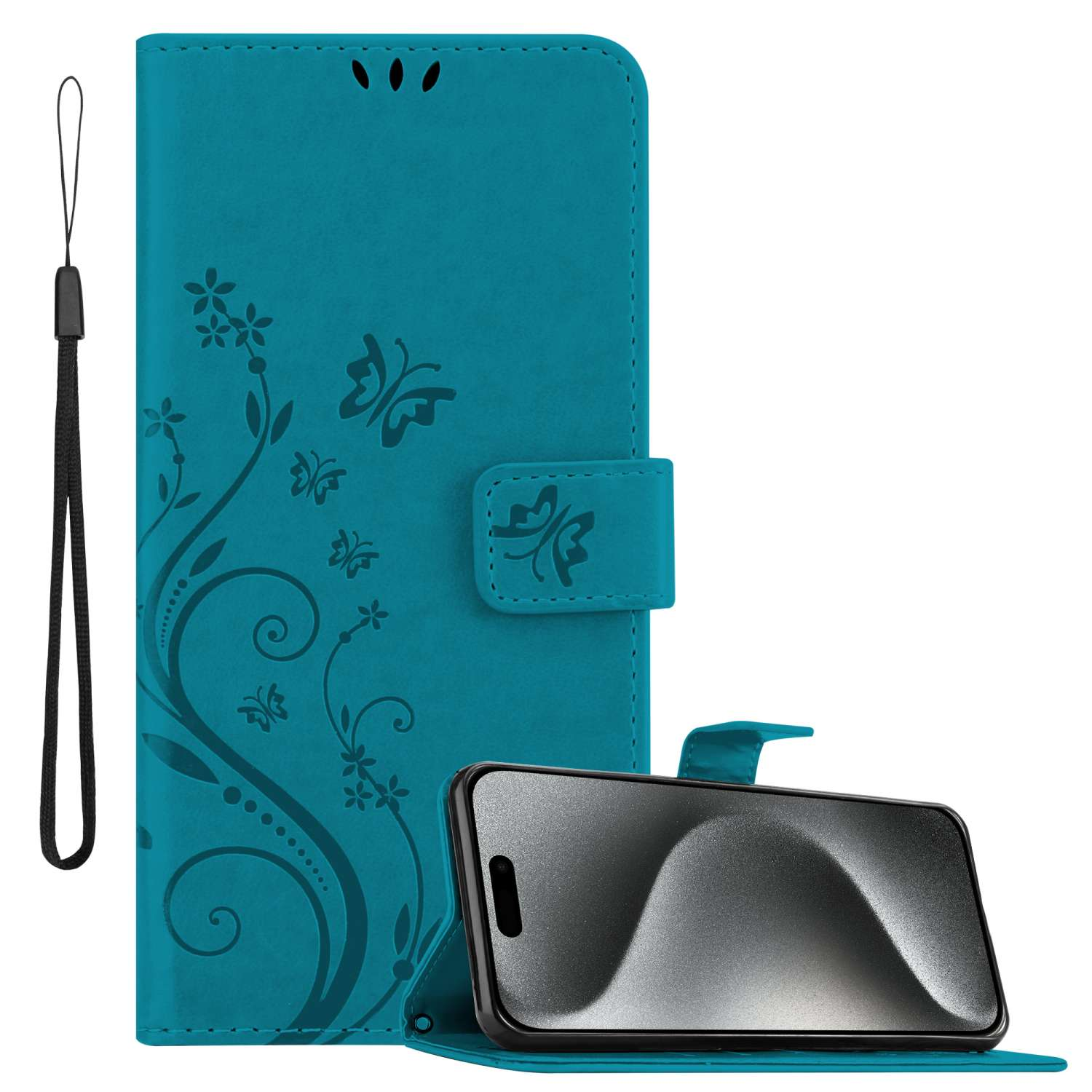 Hülle CADORABO PRO Blumen BLAU Case, FLORAL 15 MAX, Bookcover, Apple, iPhone Flower Muster