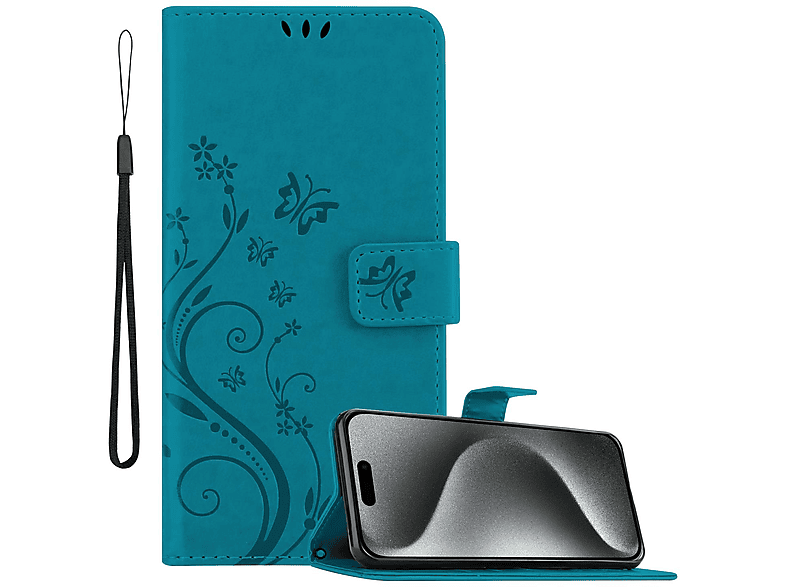 CADORABO Hülle Blumen Muster Flower Case, Bookcover, Apple, iPhone 15 PRO MAX, FLORAL BLAU