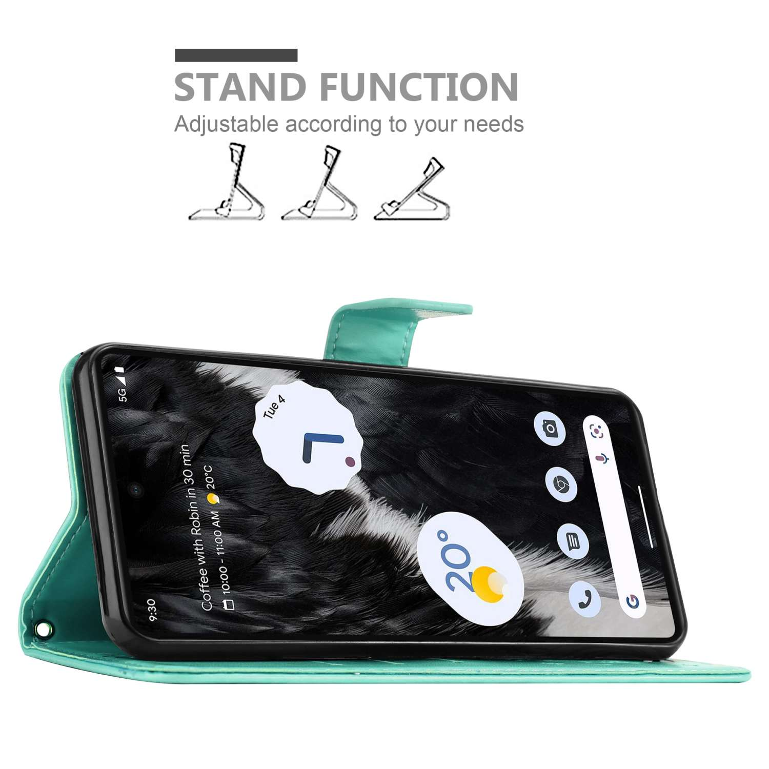 Custodia per telefono turchese in modalità stand. Il telefono mostra app e un'app meteo. Viene pubblicizzata la funzione stand.