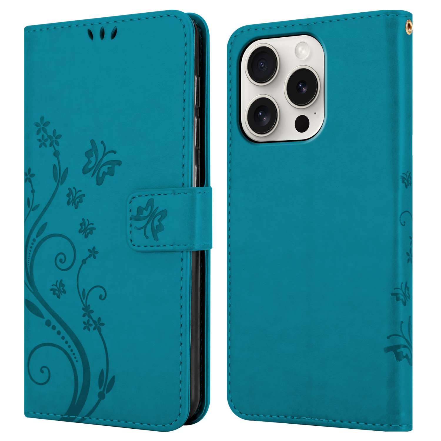Portafoglio con custodia per telefono verde acqua aperto. Testo: Design floreale, con farfalle.
