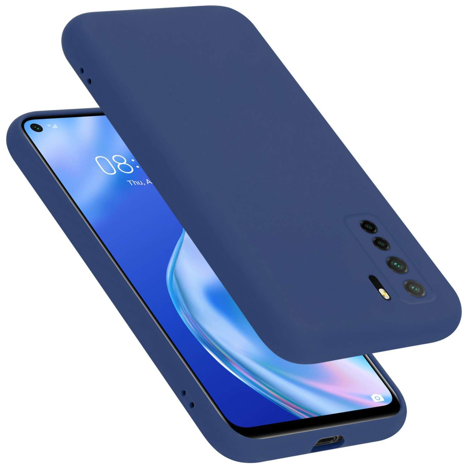 Una custodia blu e un telefono. Il telefono ha una fotocamera e mostra l'ora.