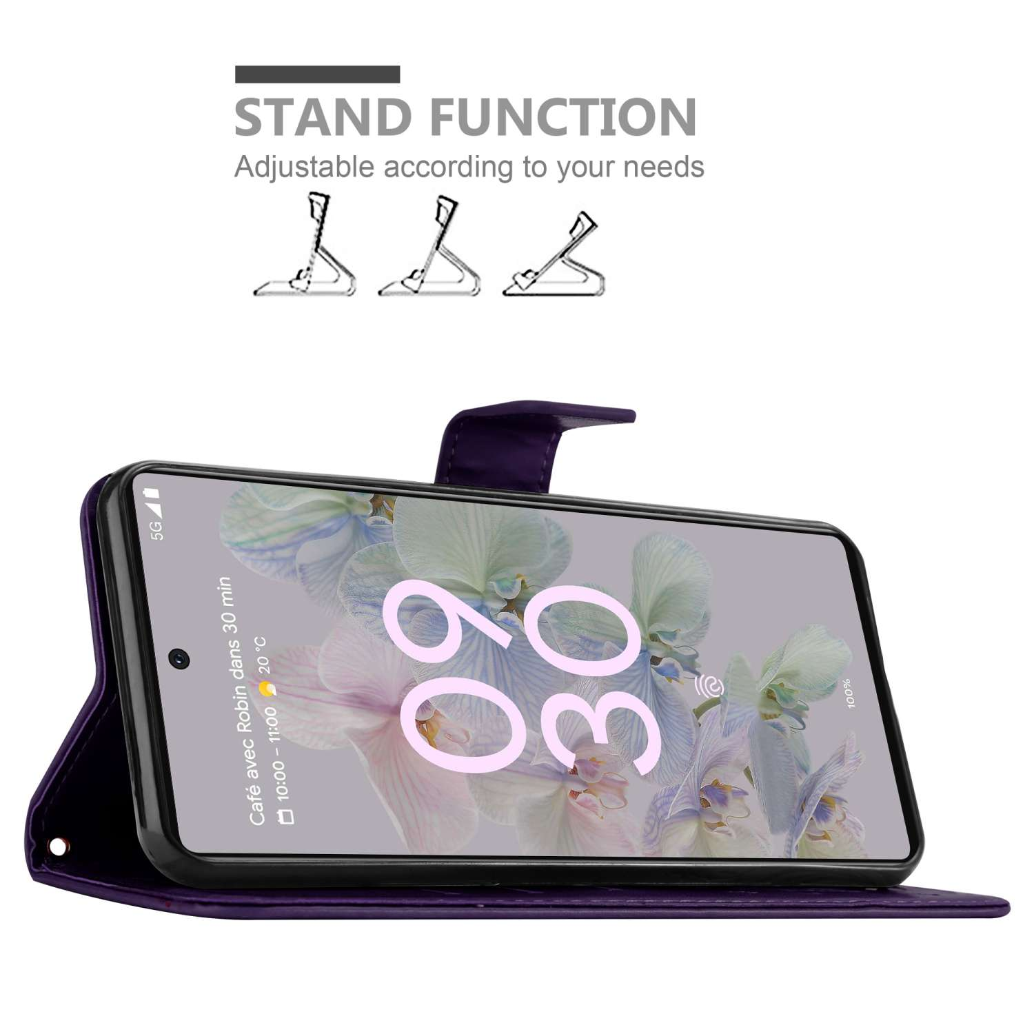 Custodia per telefono viola aperta, che mostra lo schermo di un telefono. Viene menzionata la funzione stand.