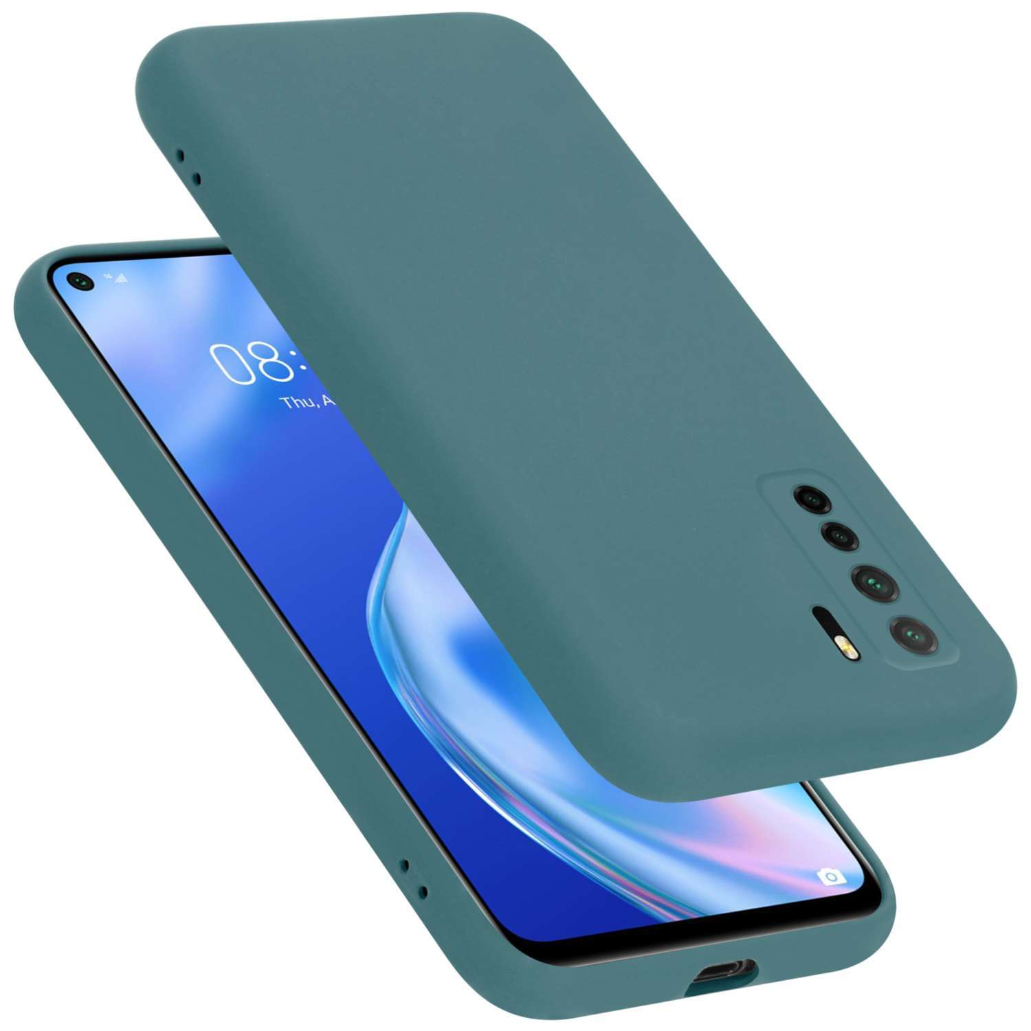 Telefono turchese con custodia turchese. La custodia è leggermente sopra il telefono.