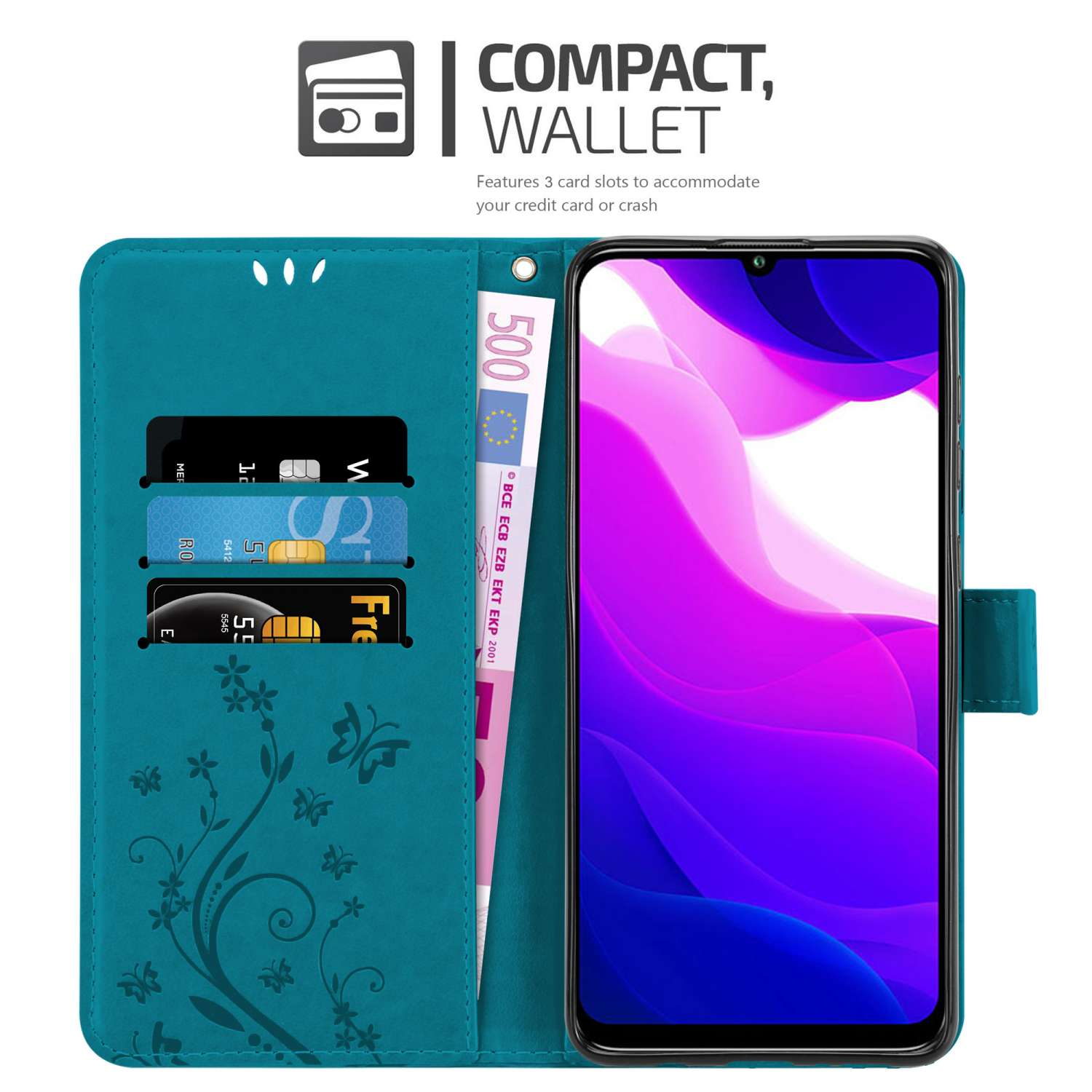 Custodia a portafoglio per telefono verde acqua con carte e contanti all'interno. Lo schermo del telefono mostra un'interfaccia utente viola e blu.