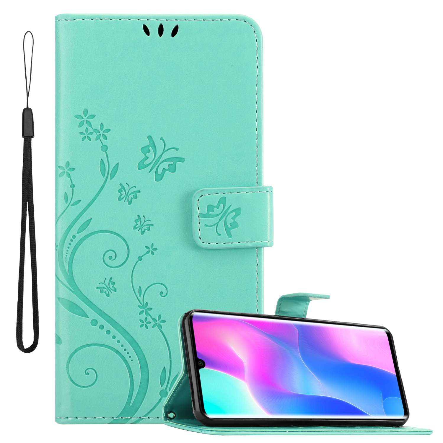 Custodia per telefono verde menta con design floreale e telefono nella custodia.