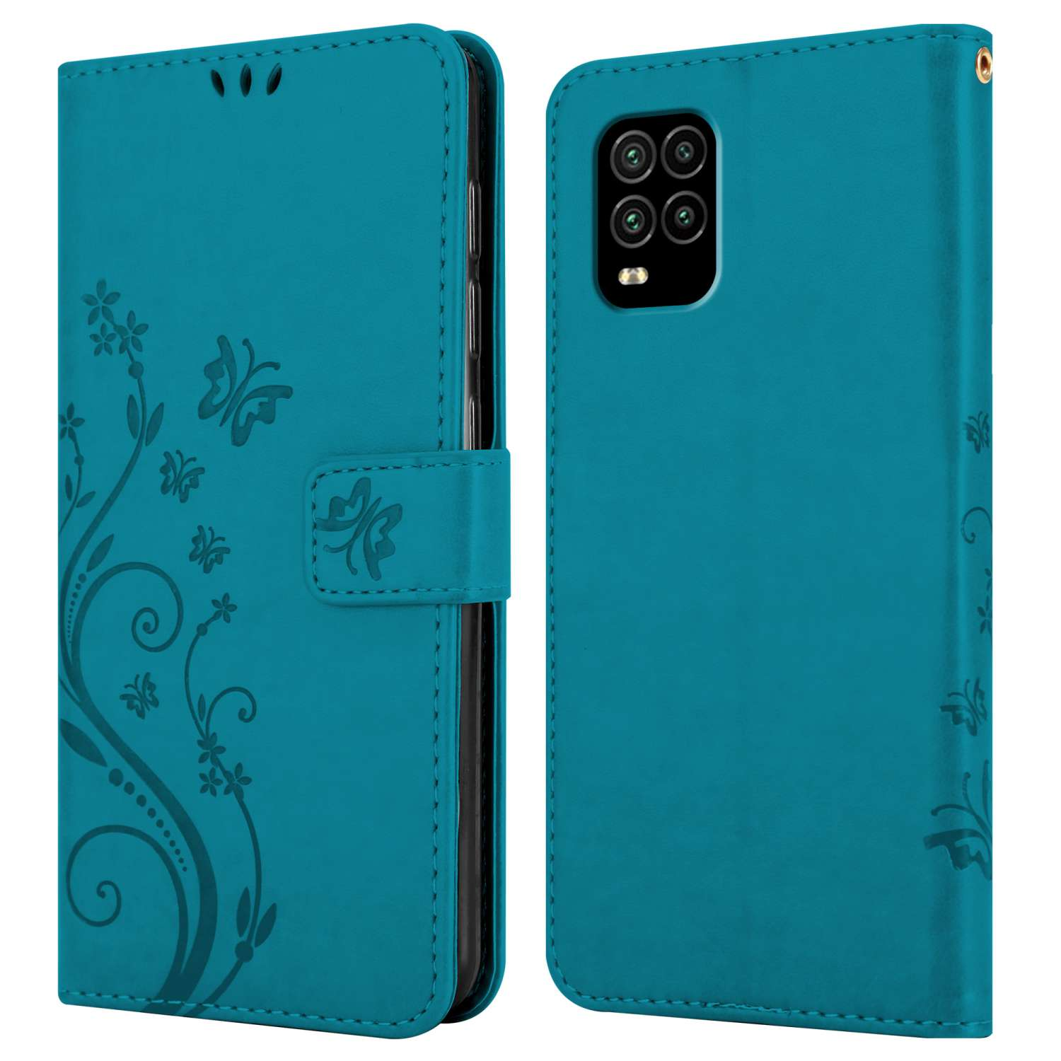 Custodia per telefono turchese, con design floreale, aperta sul lato sinistro.