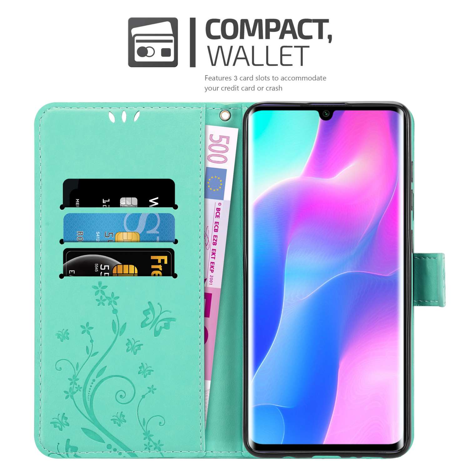 Custodia per telefono aperta con carte e denaro all'interno. Testo 'COMPACT, WALLET'. Schermo visibile.