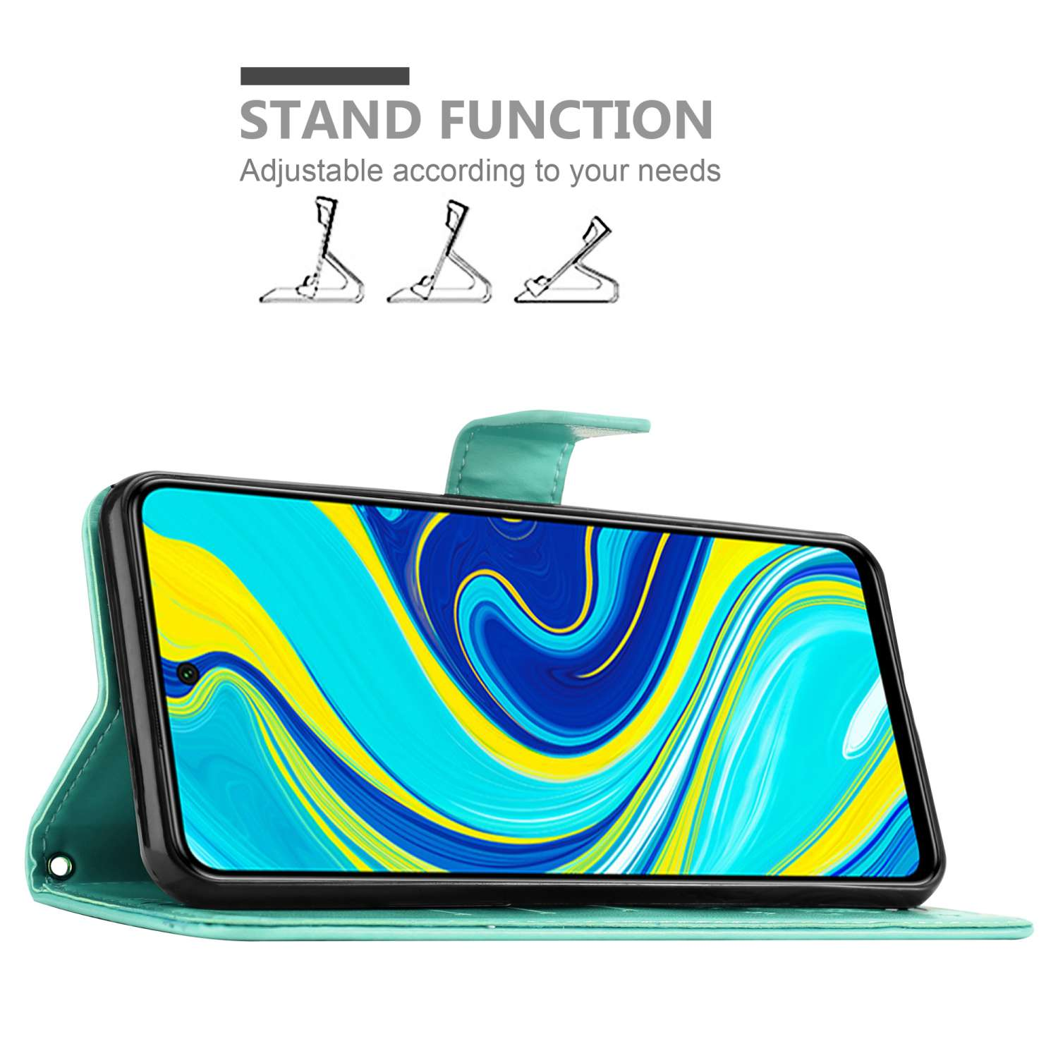 Una custodia per telefono verde acqua con un telefono all'interno, aperto. Il testo dice 'FUNZIONE STAND' con illustrazioni di supporto.
