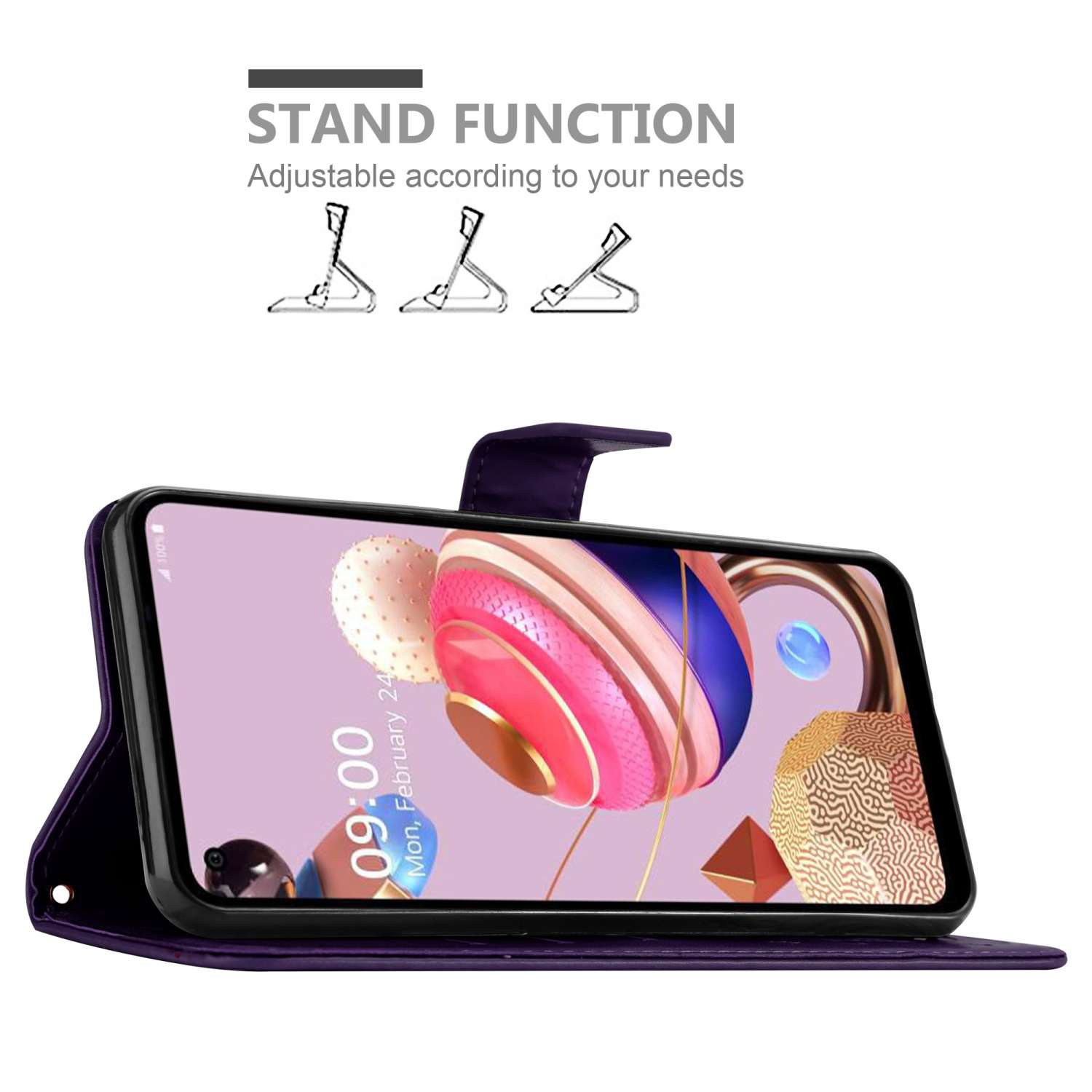 Un telefono in una custodia viola, con funzione di supporto. Il telefono mostra una schermata iniziale.