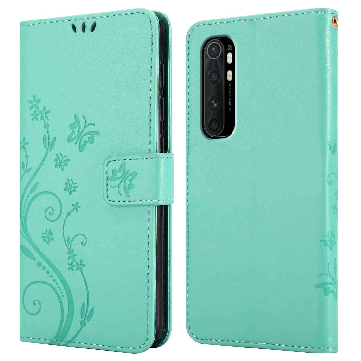 Custodia per telefono in due parti, verde con design floreale. Il telefono a destra. Lato e retro.