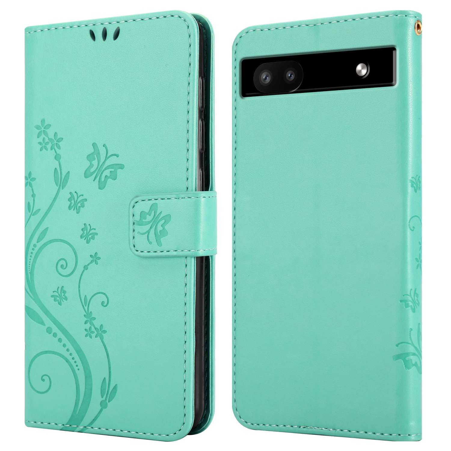Custodia per telefono verde menta, design floreale. Due parti, una aperta con telefono, una chiusa.