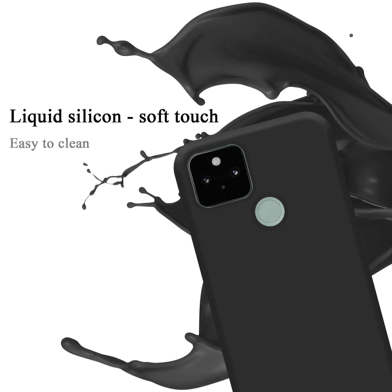 Schwarze Handyhülle mit einem Spritzer schwarzer Flüssigkeit. Die Hülle ist mittig.