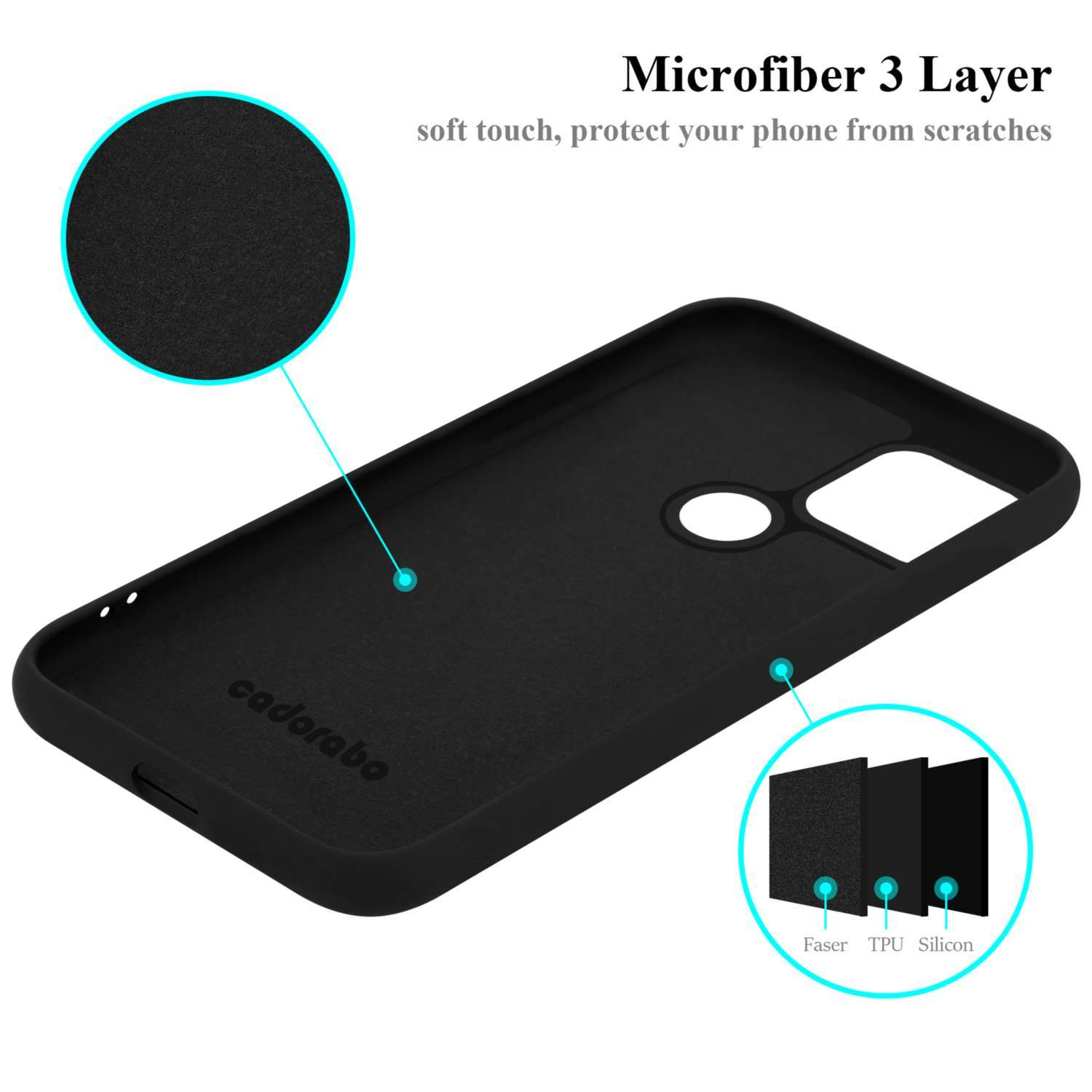 Schwarze Handyhülleninnenseite mit Mikrofaserlagen, die das Material und die Schichten zeigen.