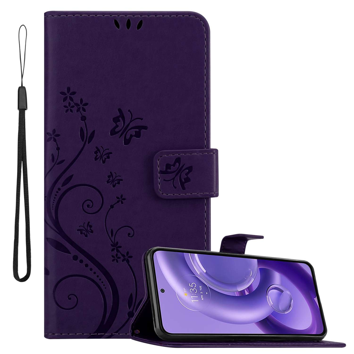 Custodia per telefono viola con telefono dentro. È una custodia a portafoglio. Sfondo bianco.
