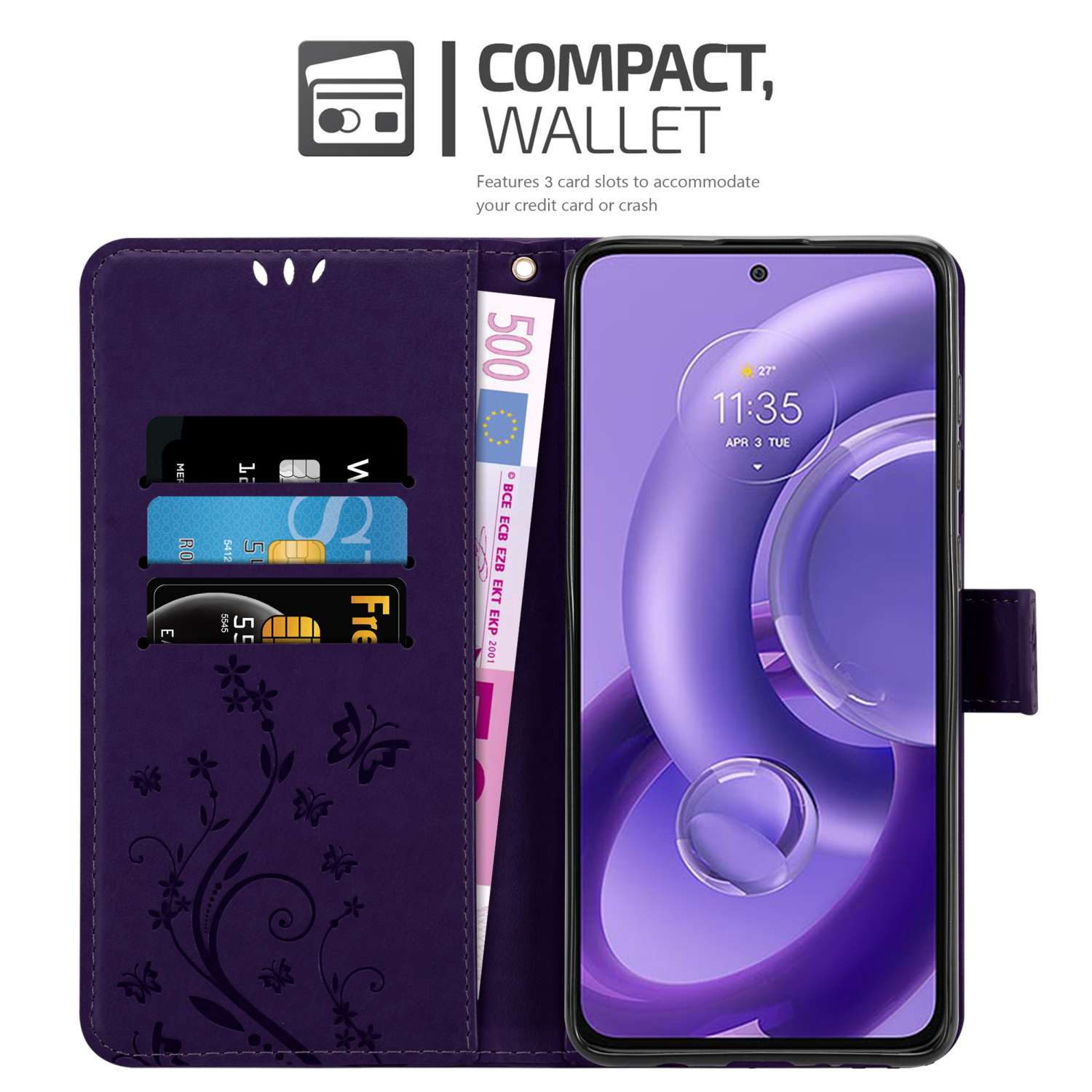 Custodia a portafoglio viola. Contiene carte e contanti. Con design floreale e farfalle. Il telefono mostra l'ora.