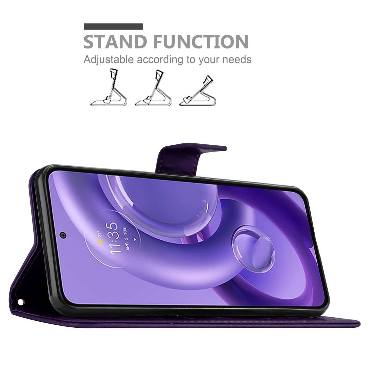 Custodia per telefono viola in stile portafoglio. Il telefono è aperto, mostrando lo schermo. Vengono mostrate tre opzioni di supporto.