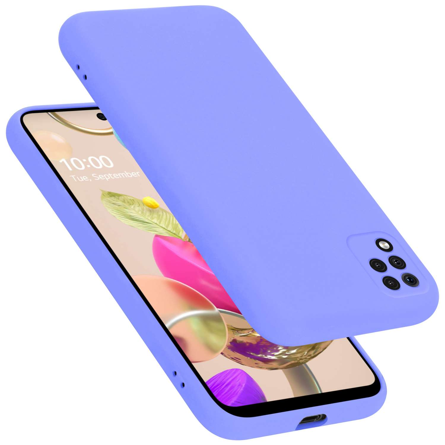 Violette Handyhülle mit einem Telefon darin. Die Hülle ist offen und zeigt die Rückseite des Telefons.