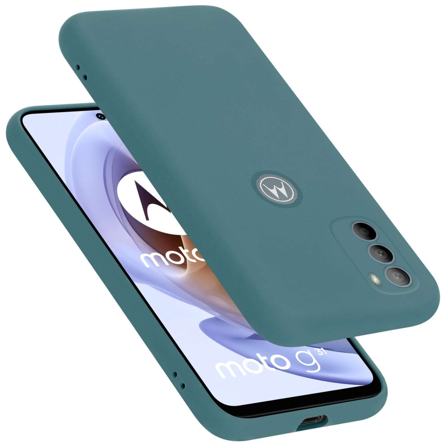 Türkisfarbene Handyhülle mit Handy. Die Hülle ist offen. Der Hintergrund ist weiß.