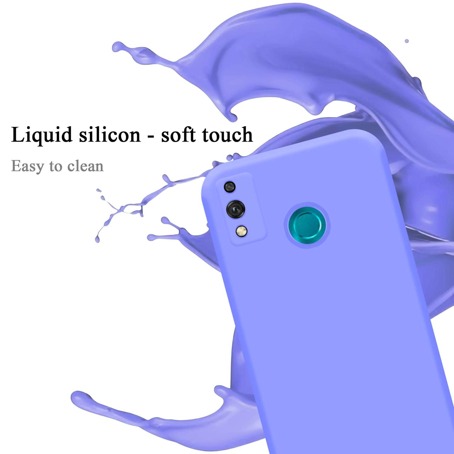 Lila Handyhülle und Flüssigkeitsspritzer. Flüssiges Silikon - Soft-Touch-Text.