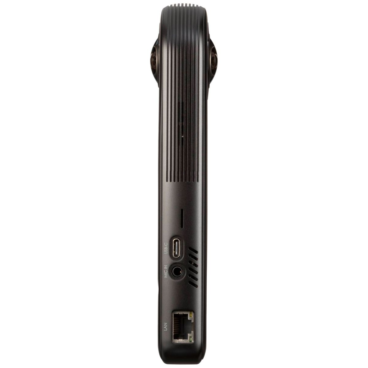 Eine schwarze Kamera mit zwei Objektiven, einem USB-C-Anschluss und einem LAN-Anschluss.