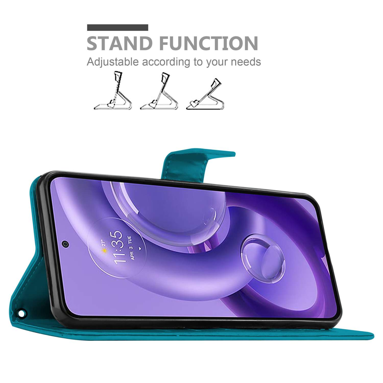 Telefono in una custodia verde acqua, con funzione stand e opzioni di supporto regolabili.