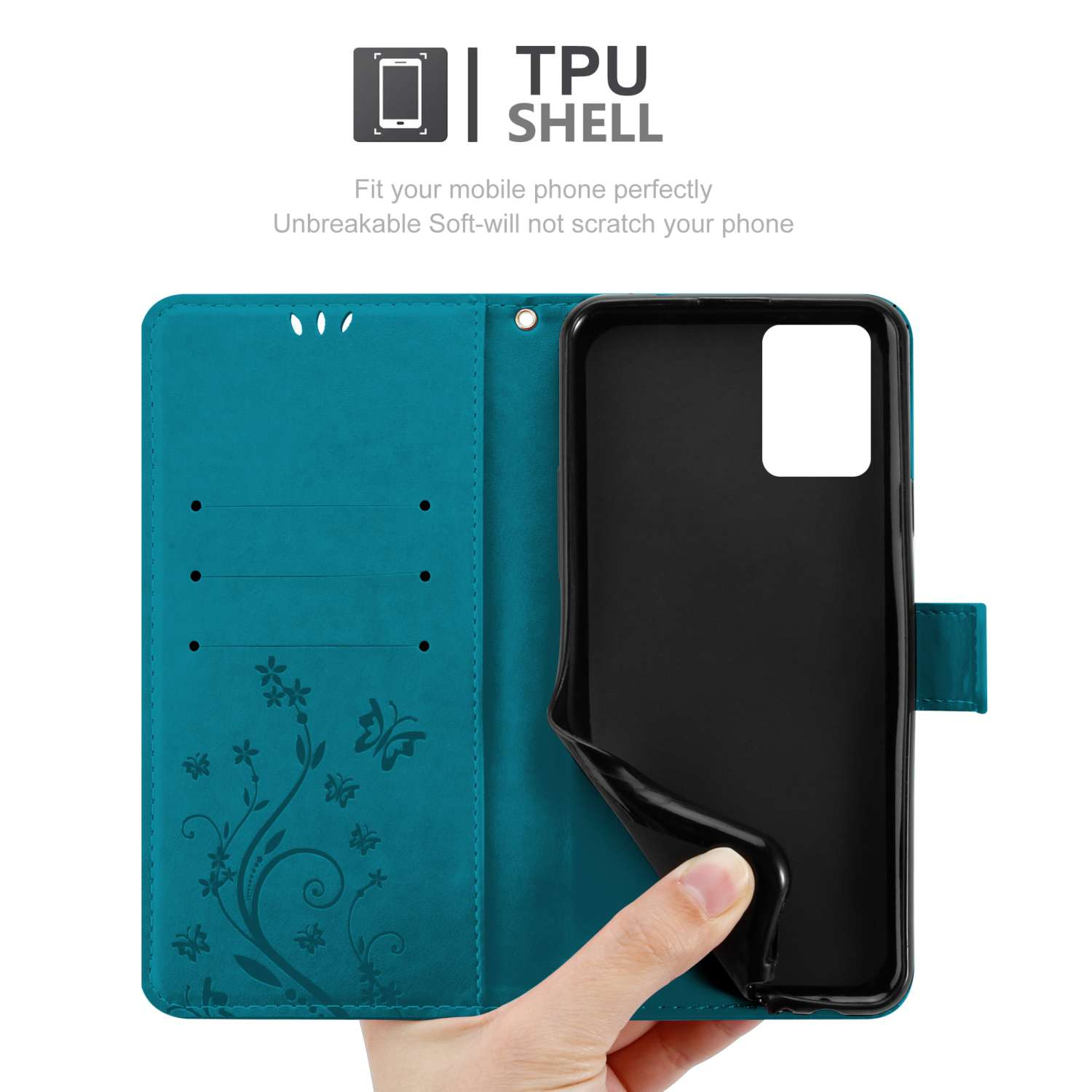 Una custodia per telefono verde acqua con un design floreale, aperta per rivelare un telefono tenuto in mano.