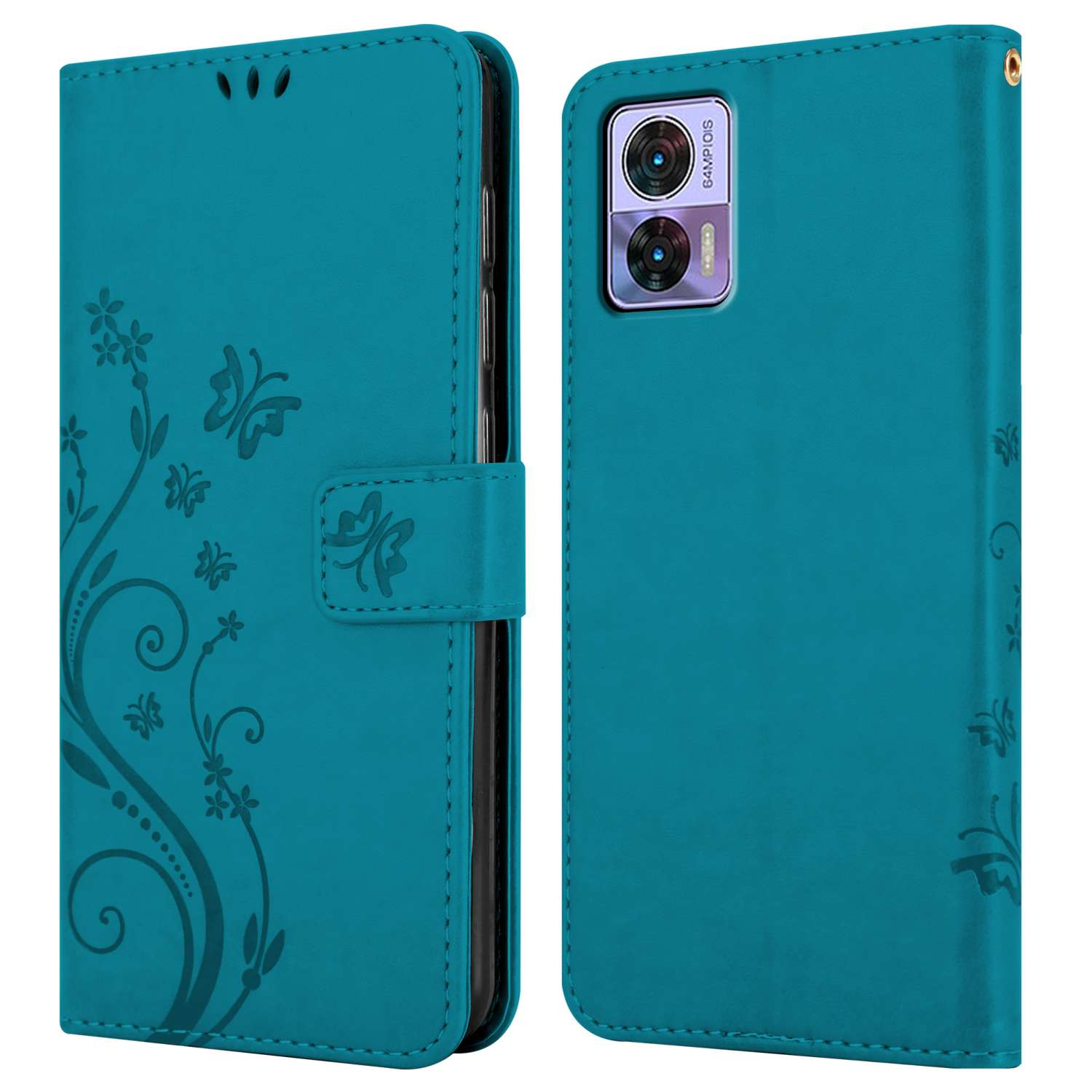 Una custodia turchese per telefono, aperta, con un telefono all'interno. La custodia ha un design floreale.