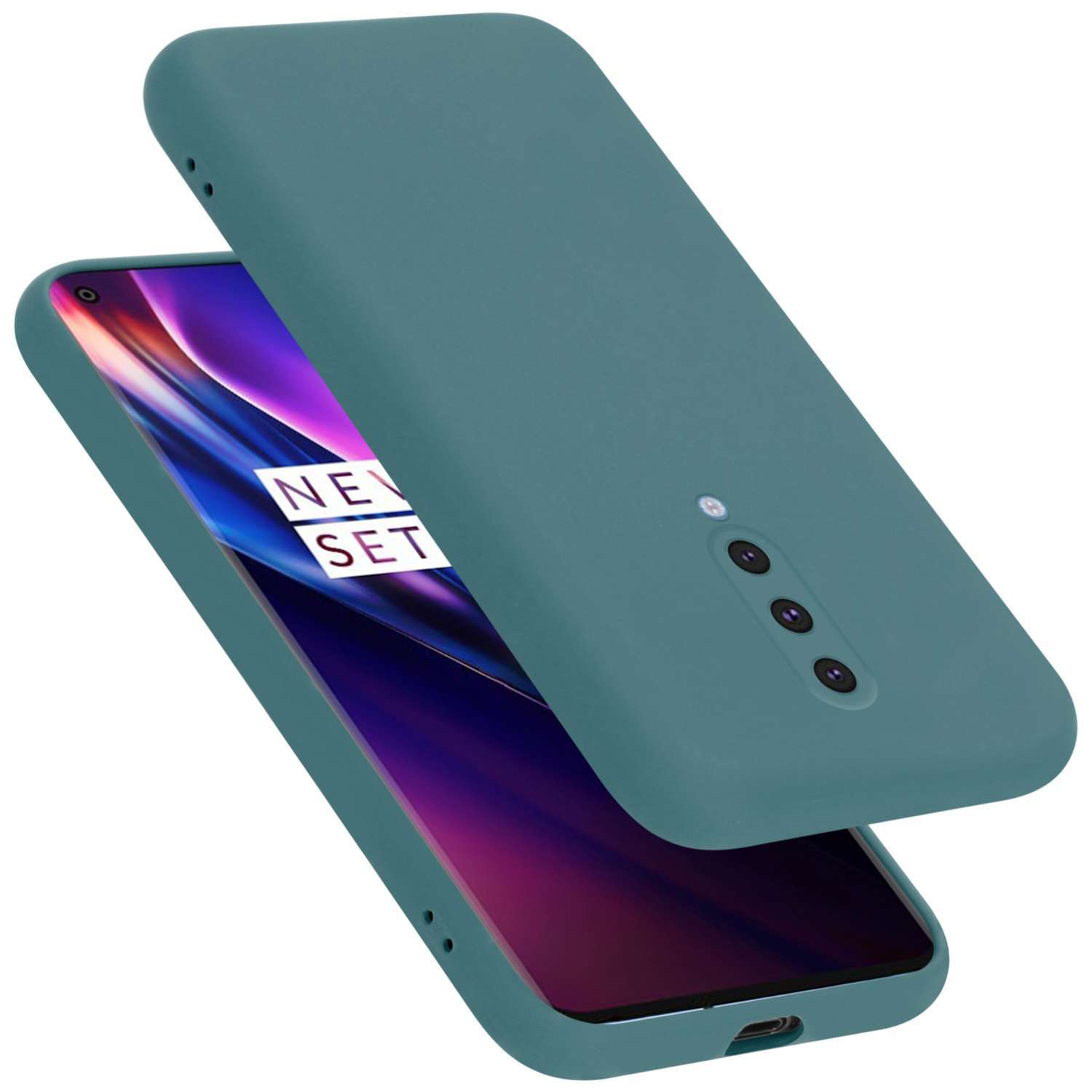 Una custodia verde acqua copre un telefono con le parole "Never Settle". La custodia è sollevata.