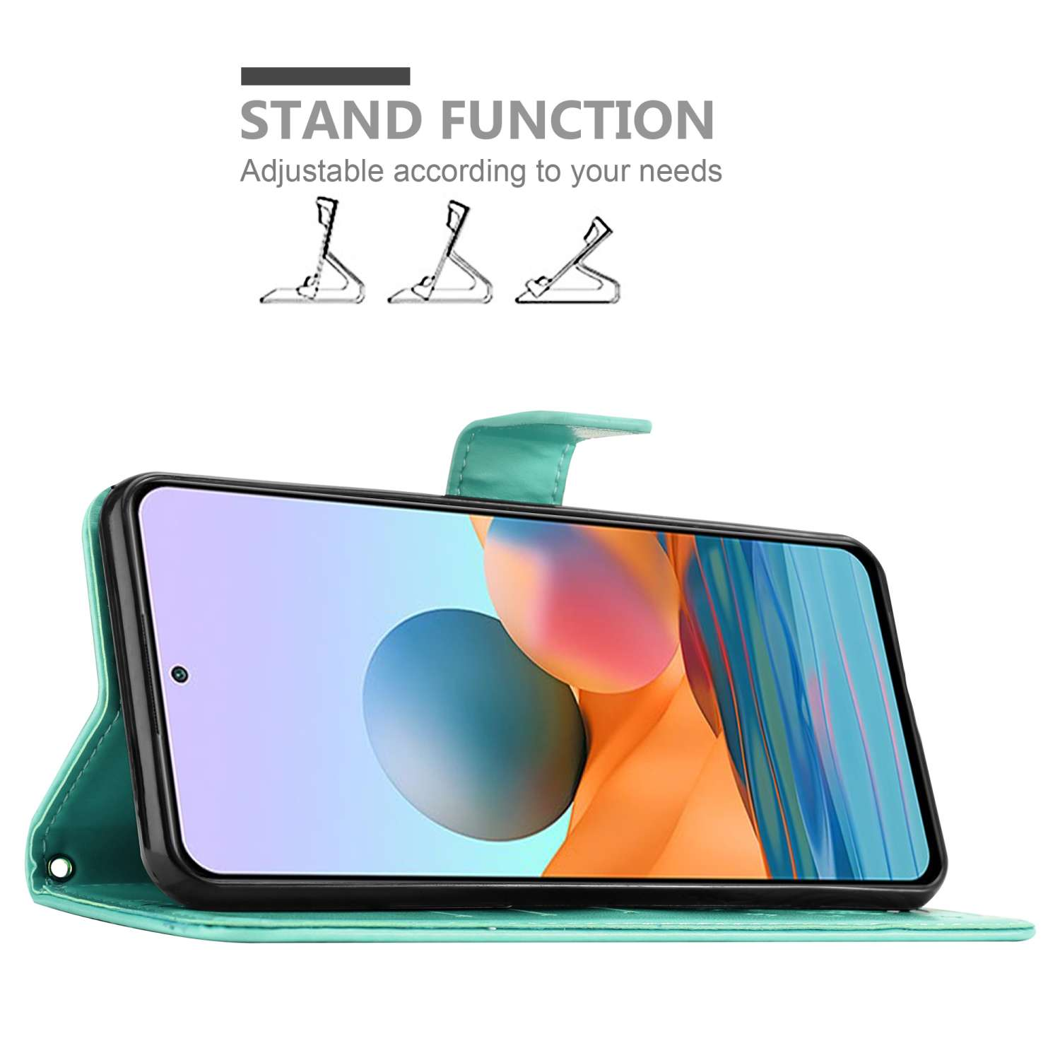 Custodia per telefono verde acqua con telefono in mostra. Testo: Funzione supporto. Tre diagrammi di supporto.