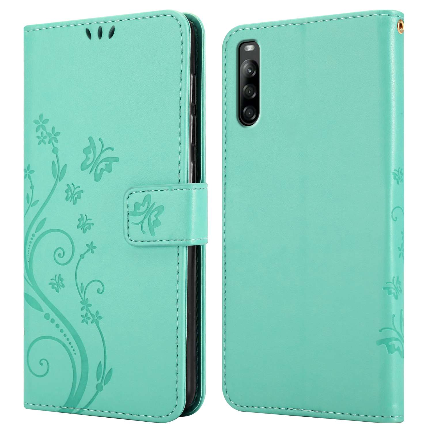 Custodia per telefono verde chiaro, aperta e chiusa, con un design floreale e chiusura a bottone.