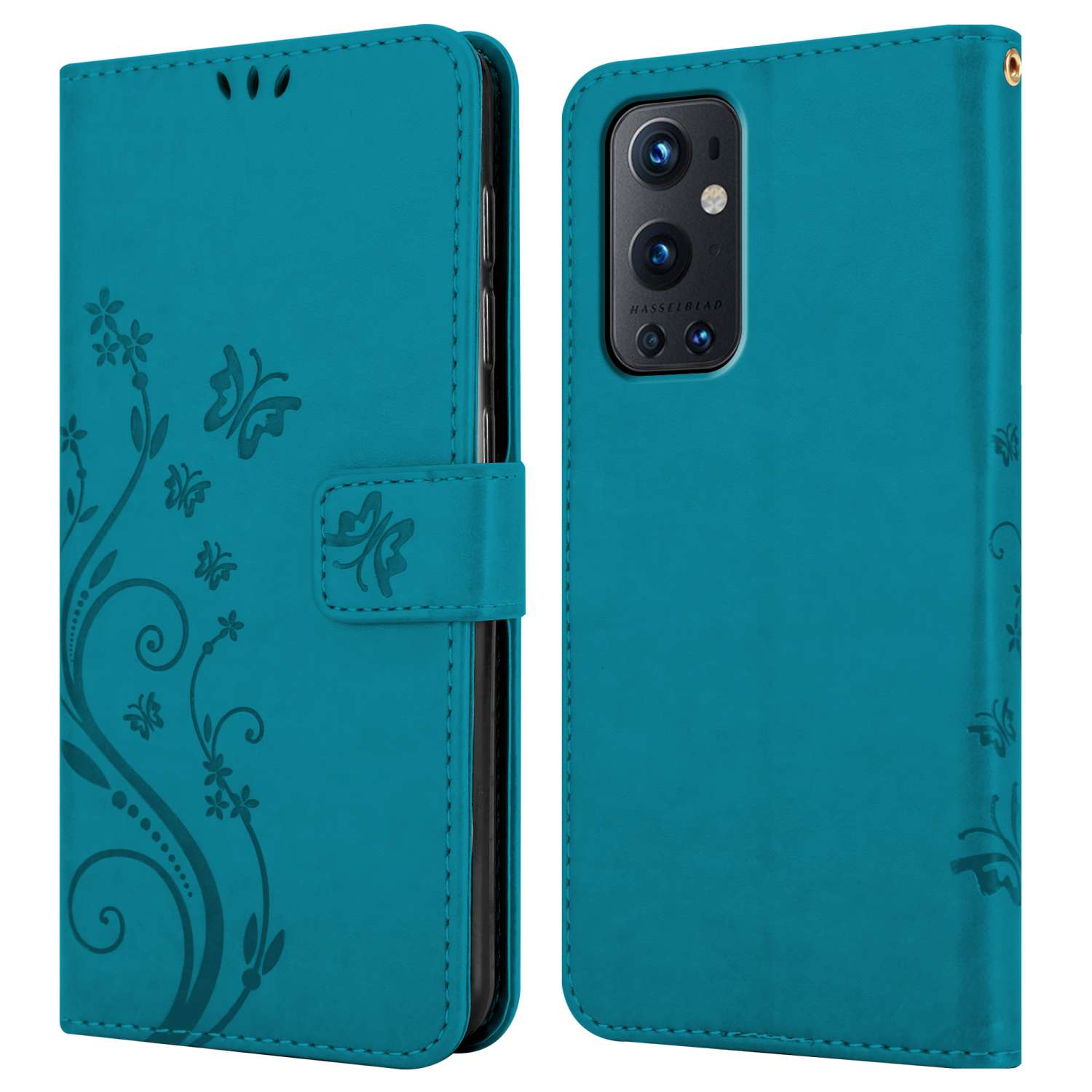 Custodia verde acqua con design floreale a sinistra e fotocamera del telefono a destra.