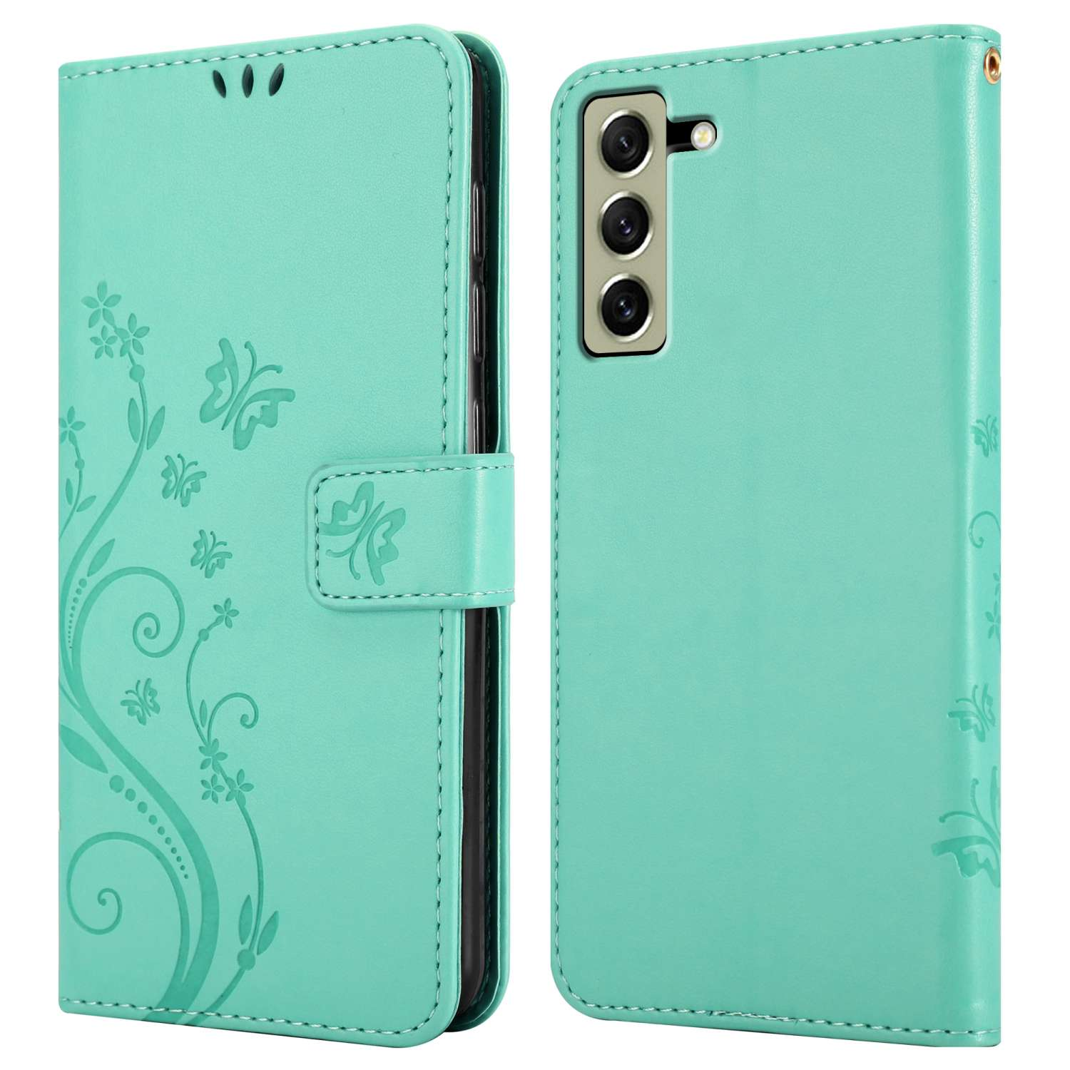 Custodia per telefono verde menta aperta. All'interno è mostrato il telefono. Design floreale sul pannello sinistro.