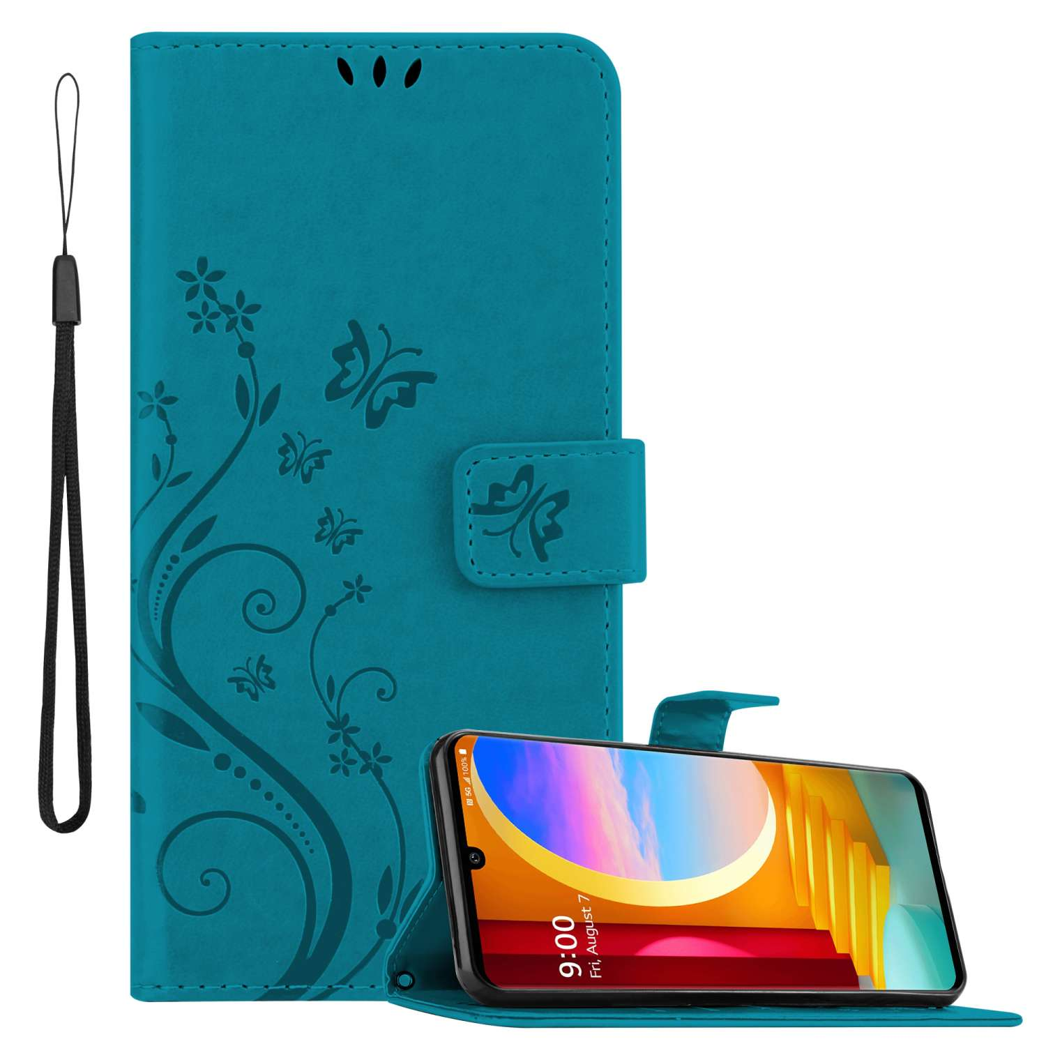 Custodia per telefono verde acqua con design floreale, che tiene un telefono che mostra uno schermo.