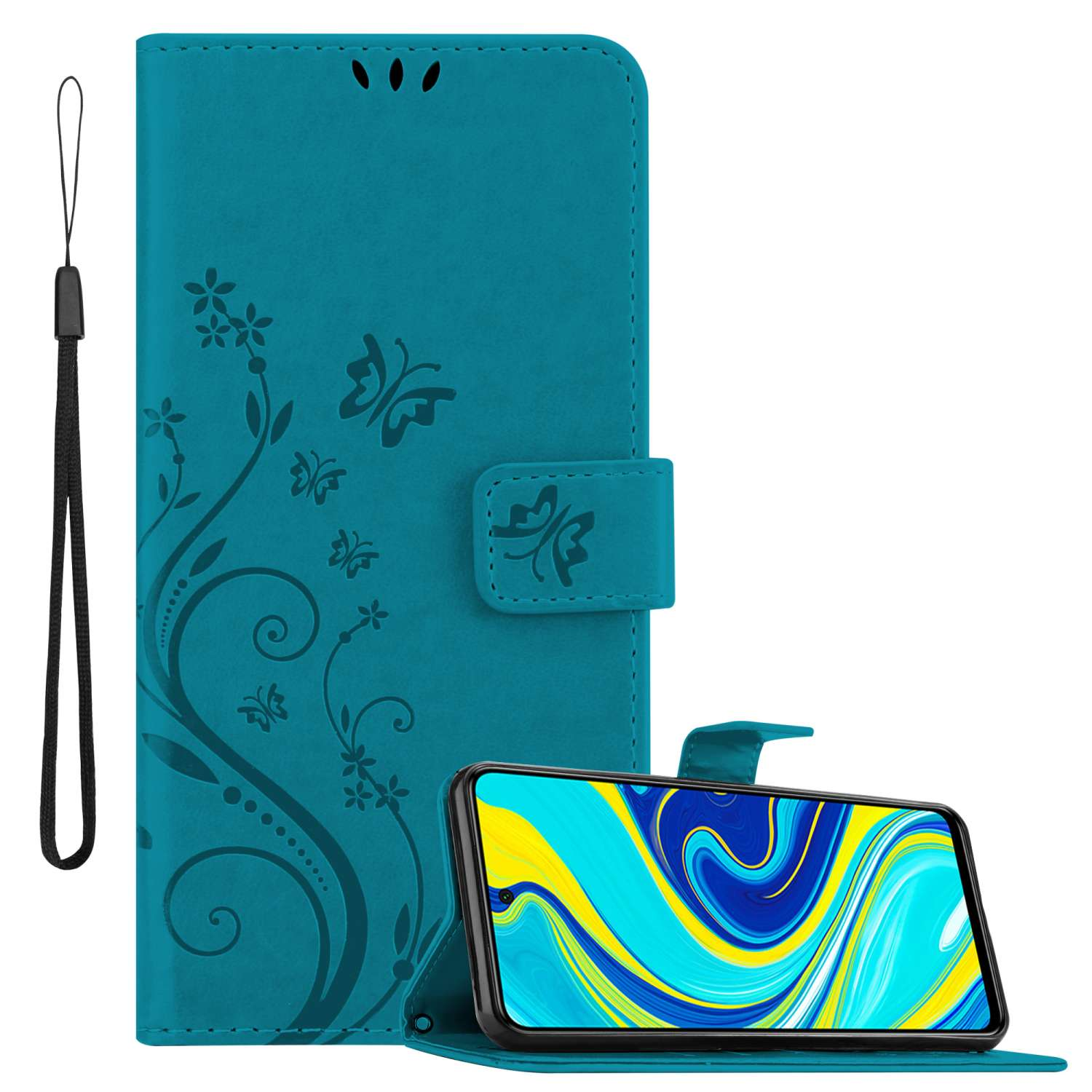 Türkisfarbene Handyhülle mit einem Telefon. Das Telefon ist aufgestellt. Ein schwarzer Handriemen.