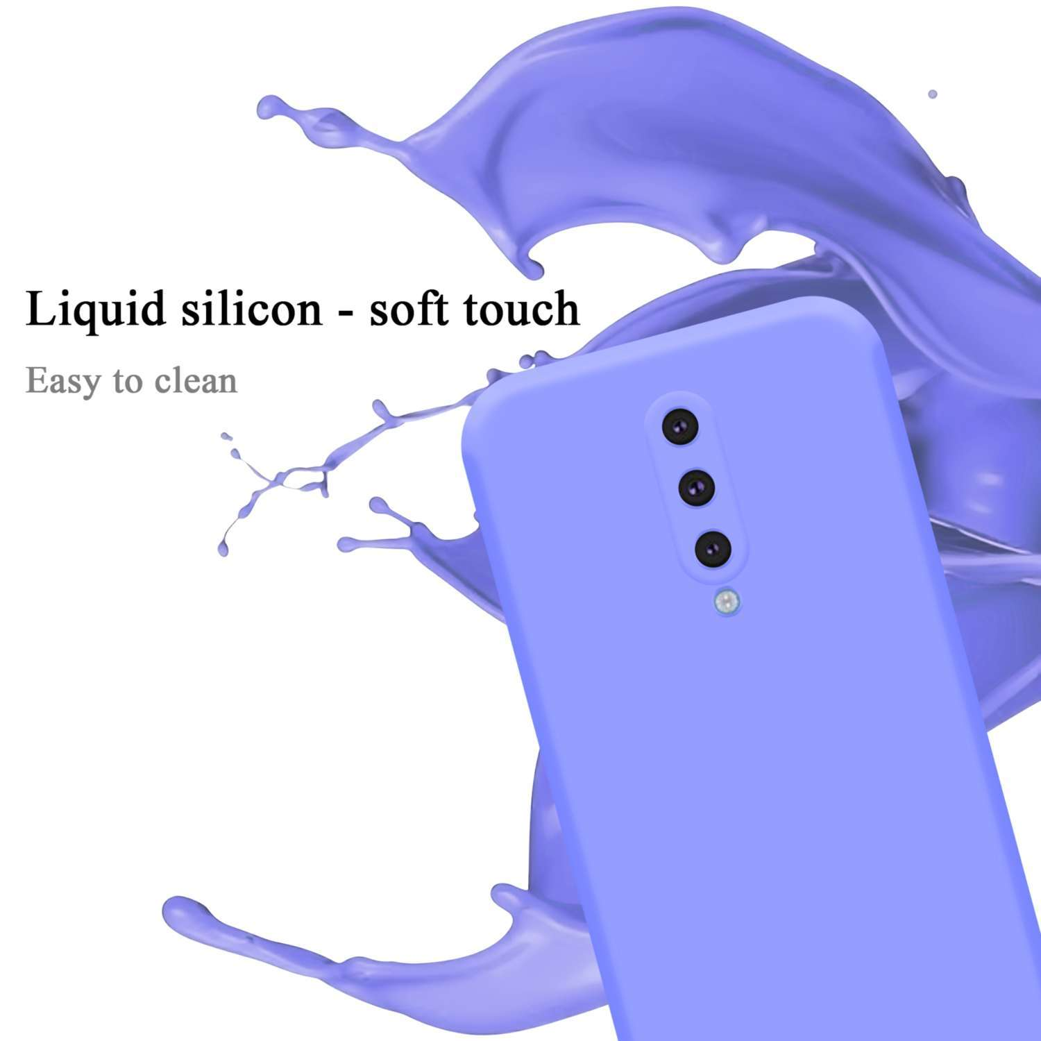 Blaue Handyhülle mit einem lila Telefon darin. Text: 'Liquid silicon - soft touch'. Weißer Hintergrund.