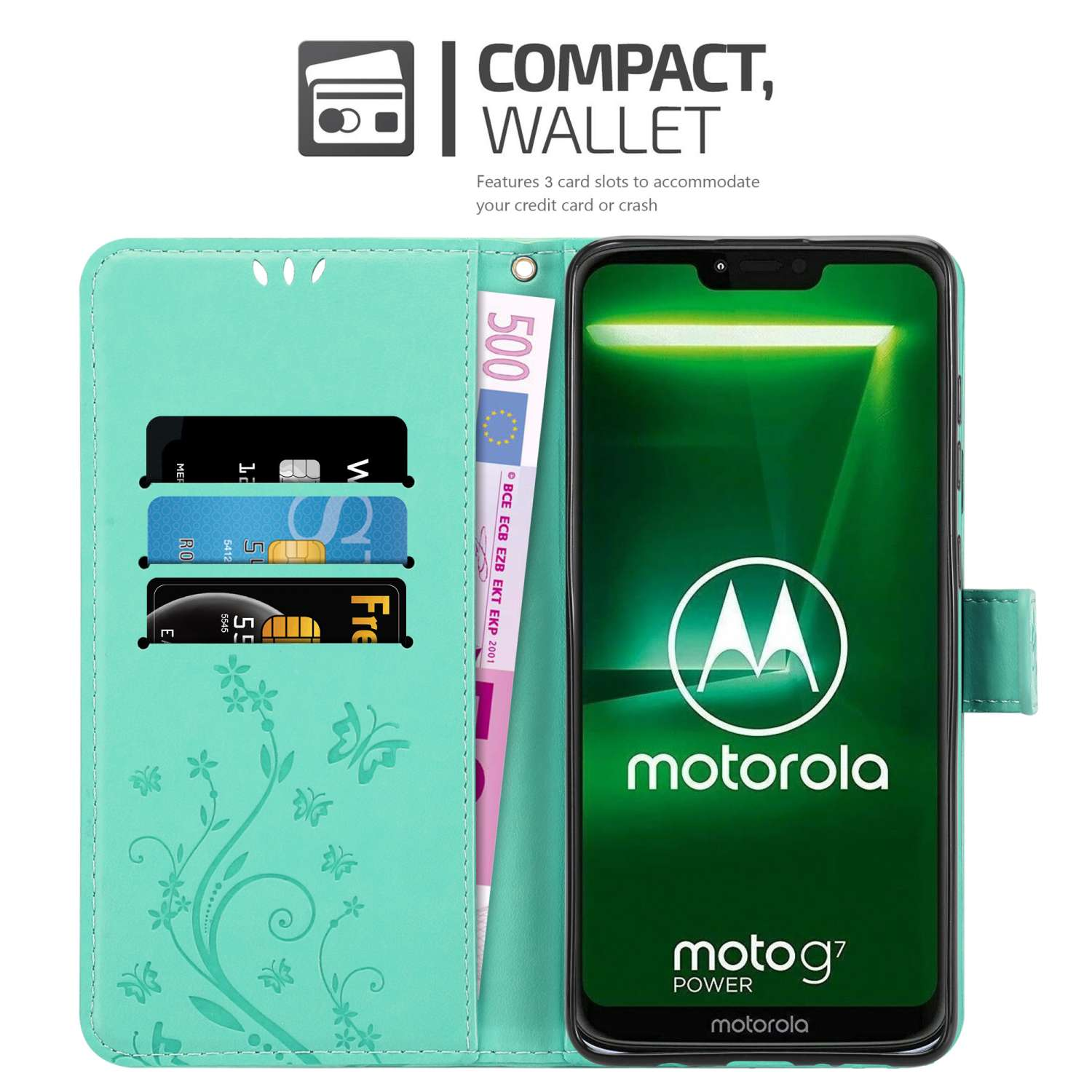 Un telefono verde acqua in una custodia a portafoglio con una carta e denaro. Il telefono mostra il logo Motorola.
