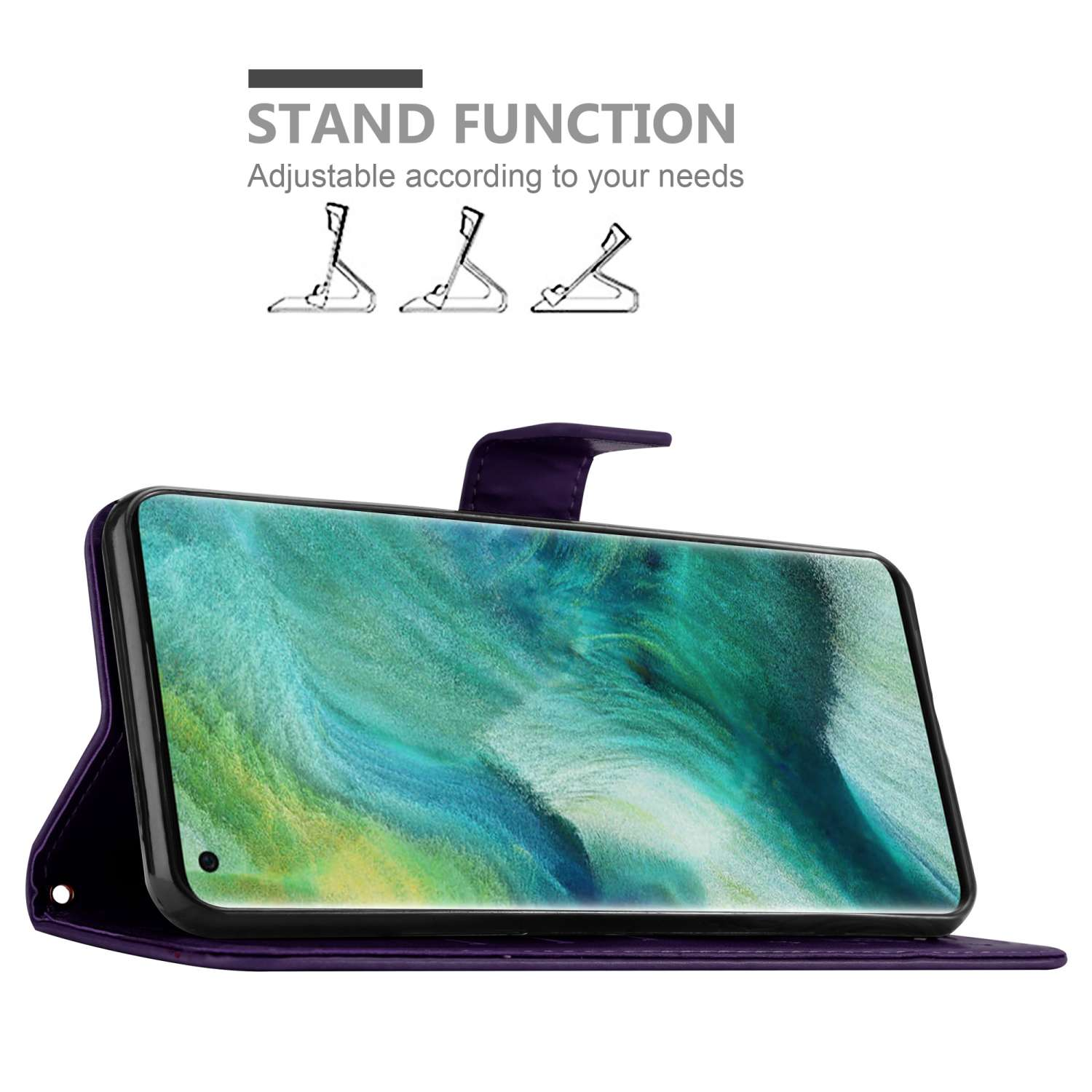 Telefono in custodia viola, appoggiato, che mostra uno schermo del telefono.