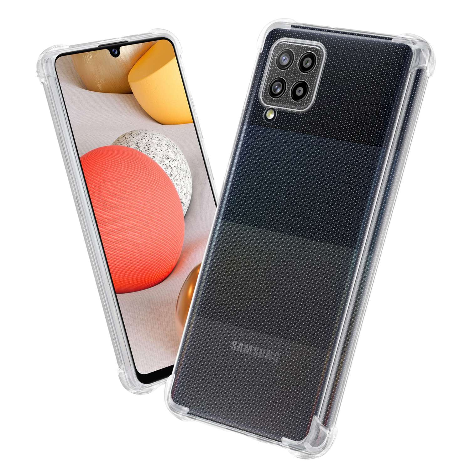 Un telefono in una custodia trasparente e un altro con schermo arancione.
