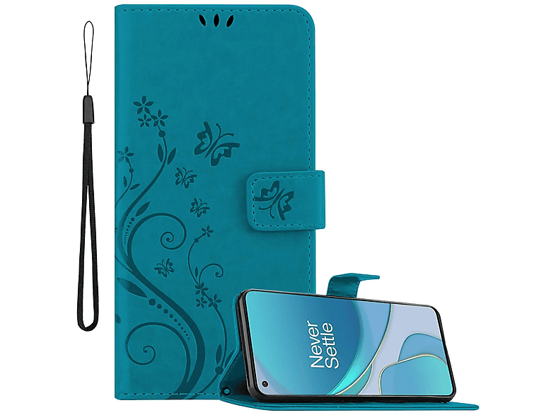 OnePlus, Muster Blumen FLORAL BLAU Case, 8T, Hülle CADORABO Bookcover, Flower