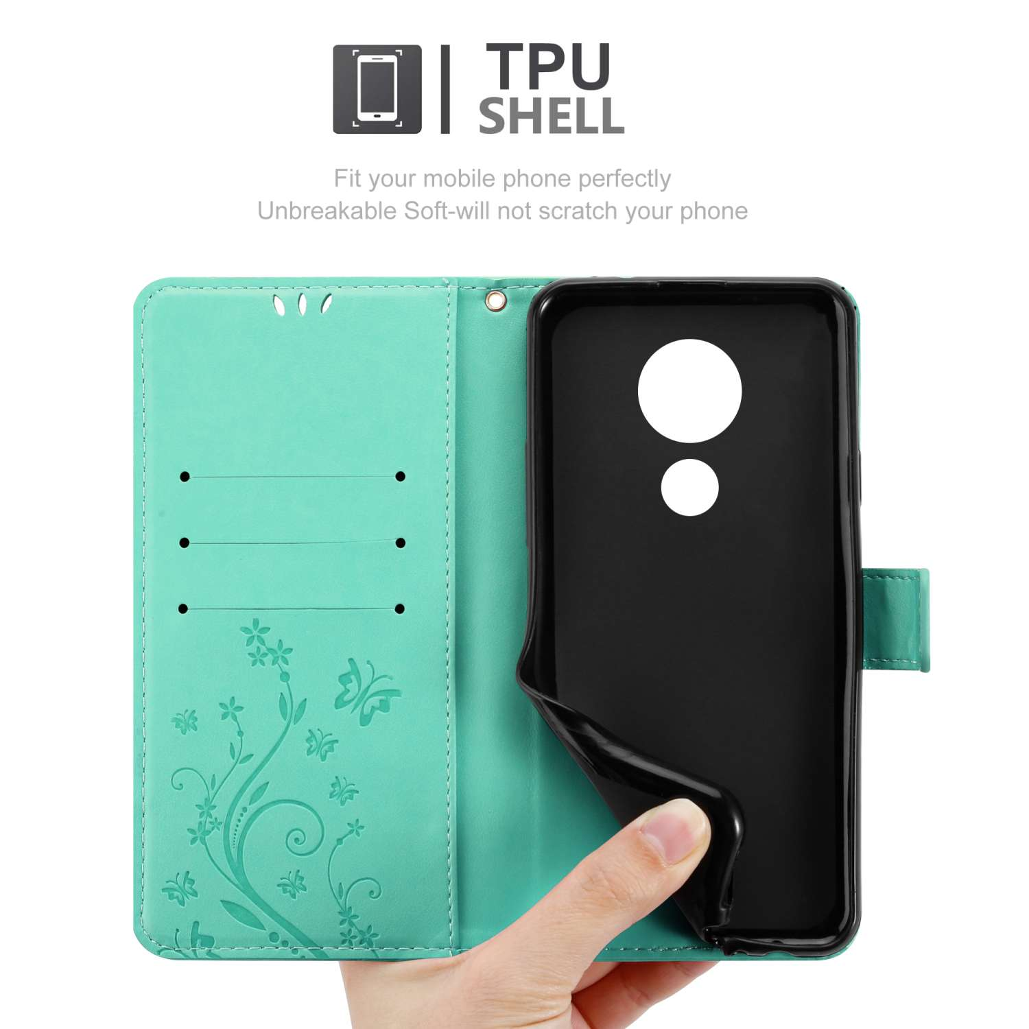 Custodia per telefono turchese aperta, che rivela un interno nero. Design floreale a sinistra, testo 'TPU SHELL'.