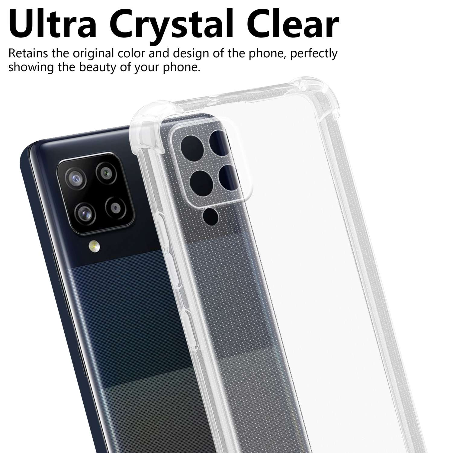 Una custodia trasparente sul telefono e il testo dice: Ultra Crystal Clear.