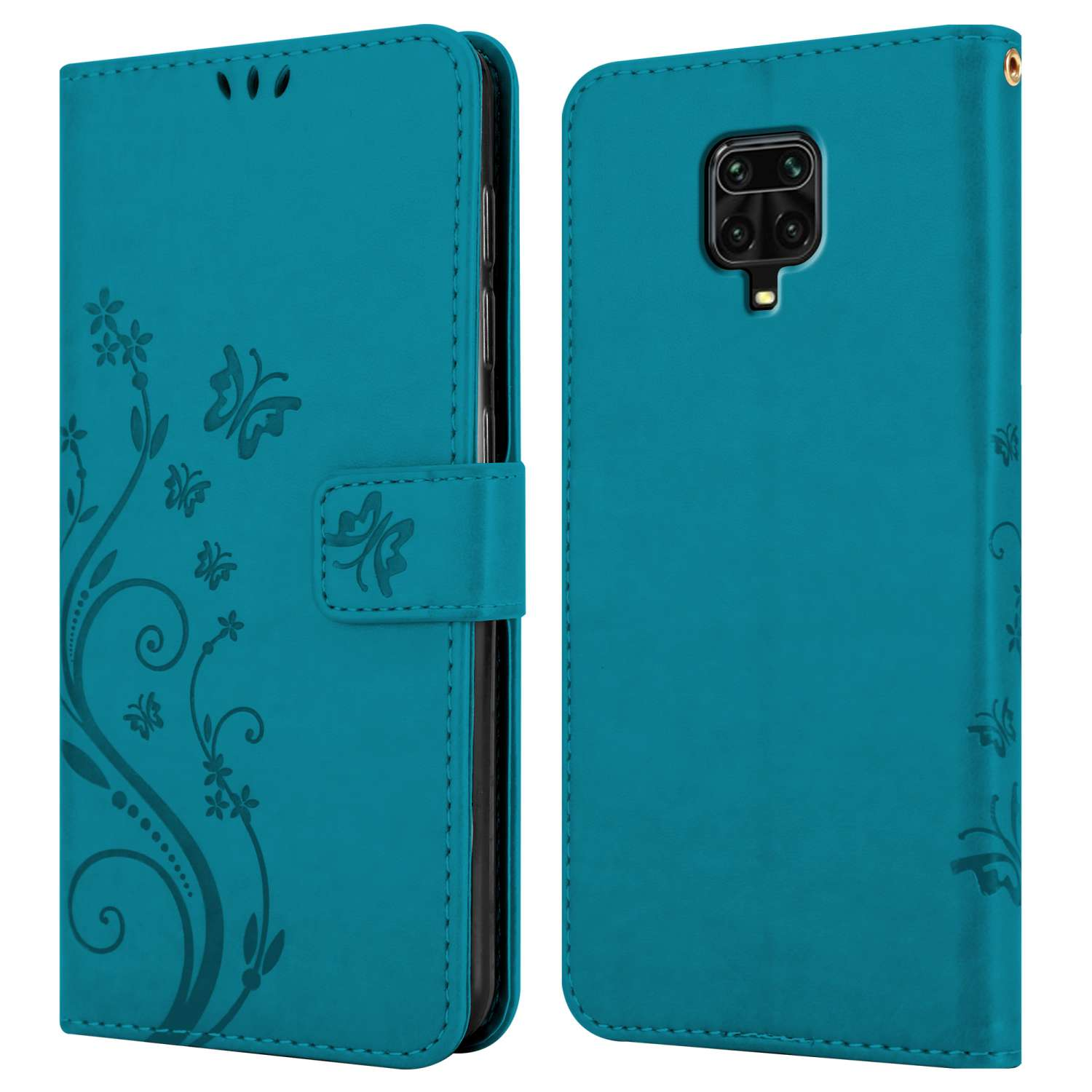 Eine türkisfarbene Handyhülle mit floralen Mustern auf Vorder- und Rückseite. Die Hülle ist offen und zeigt ein Telefon.