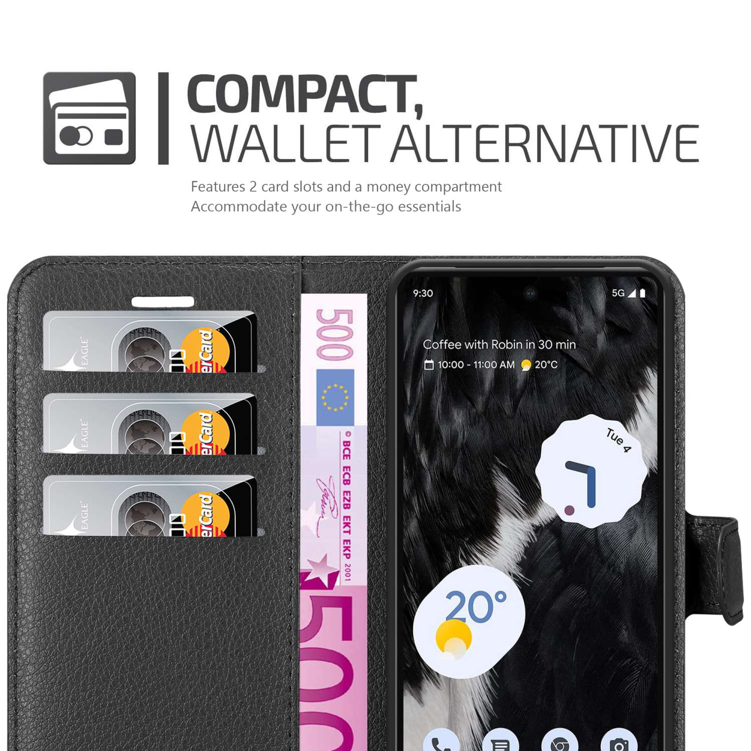 Schwarze Brieftasche geöffnet, zeigt Karten, Euroscheine und einen Telefonbildschirm mit einer App.