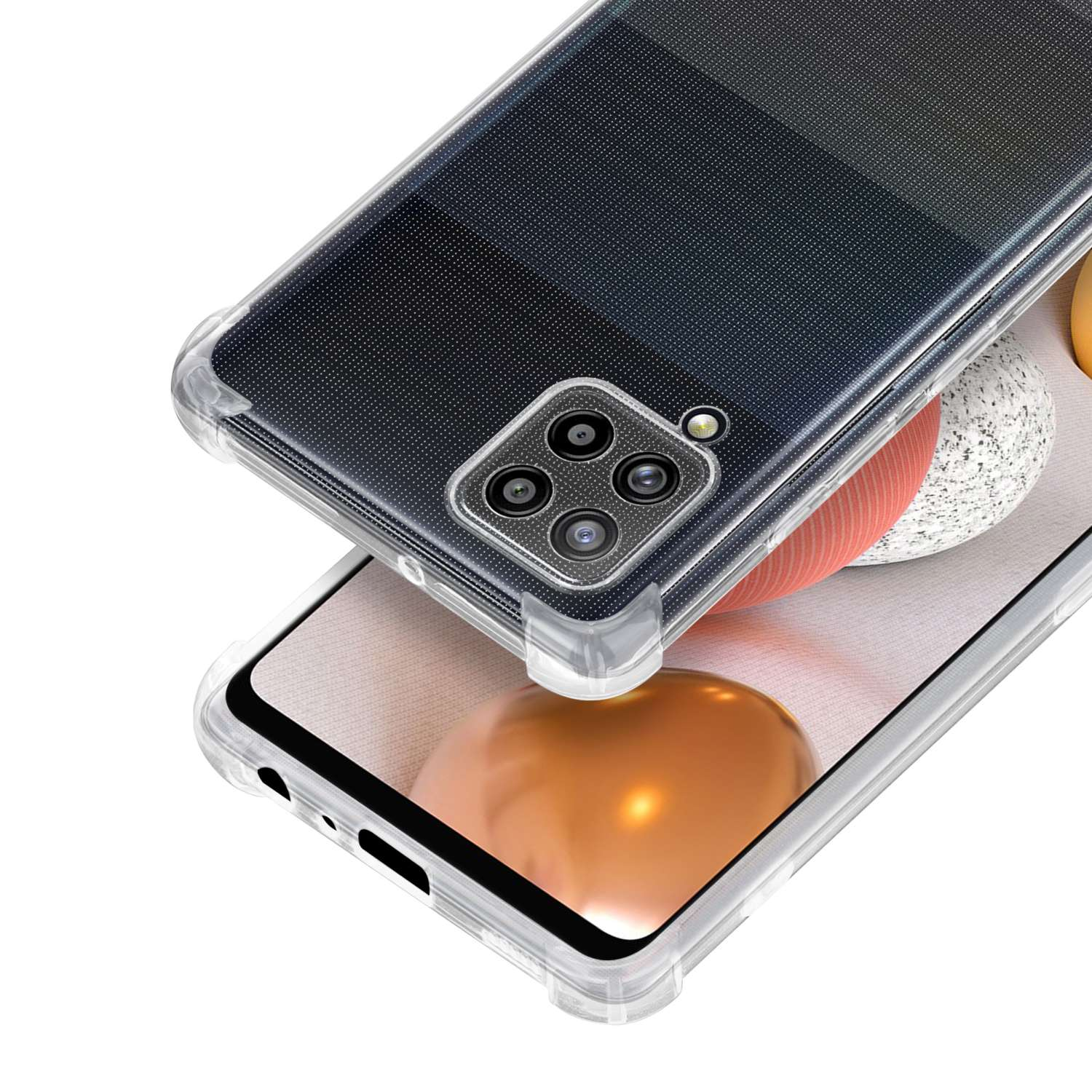 Custodia trasparente per telefono su un telefono. Testo: Ultra trasparente. Primo piano del telefono con fotocamere. La custodia trasparente protegge il telefono.