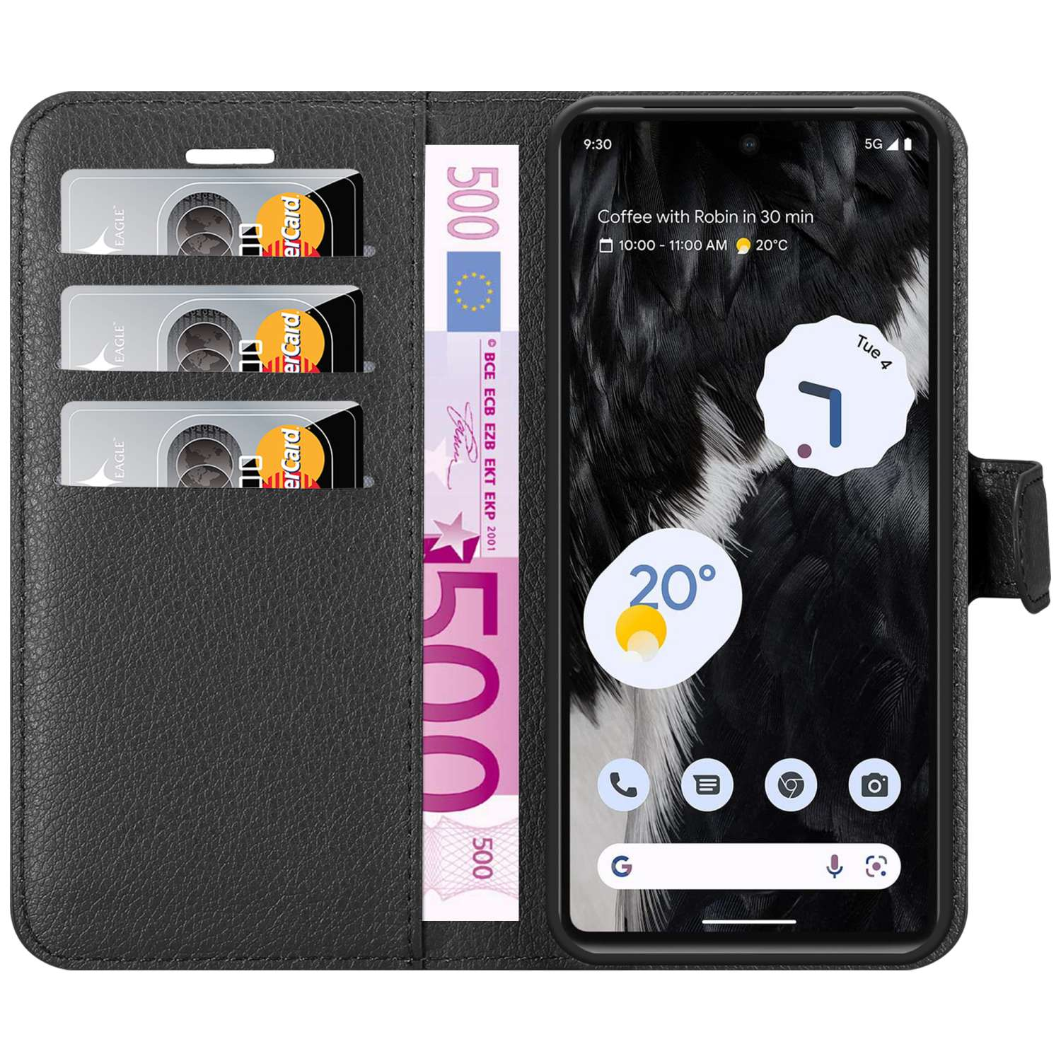 Offene Handyhülle mit Kreditkarten und Geld. Der Telefonbildschirm zeigt einen Kalender und Wetter.