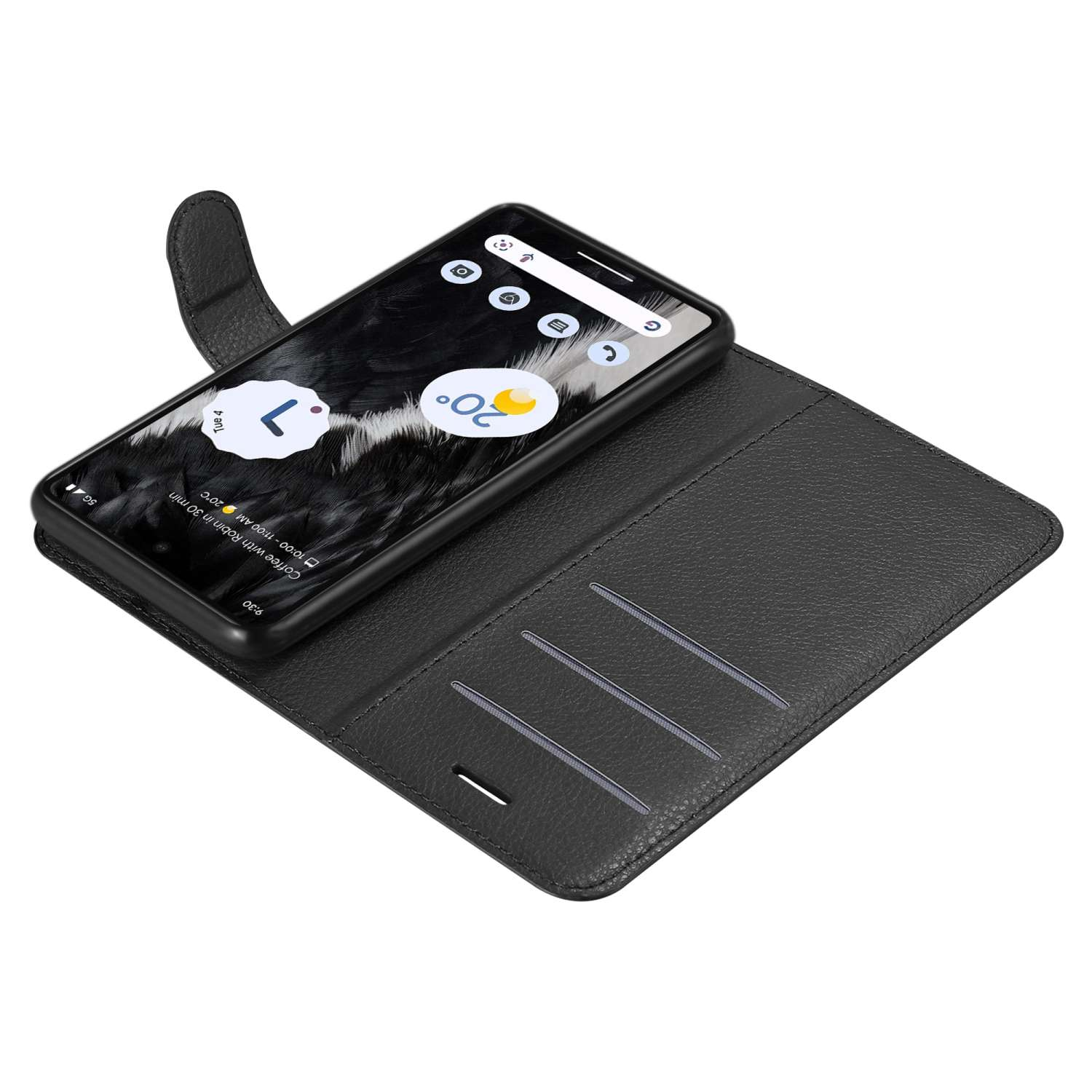 Ein schwarzes Telefon in einer schwarzen Brieftasche, geöffnet, um den Bildschirm zu zeigen.