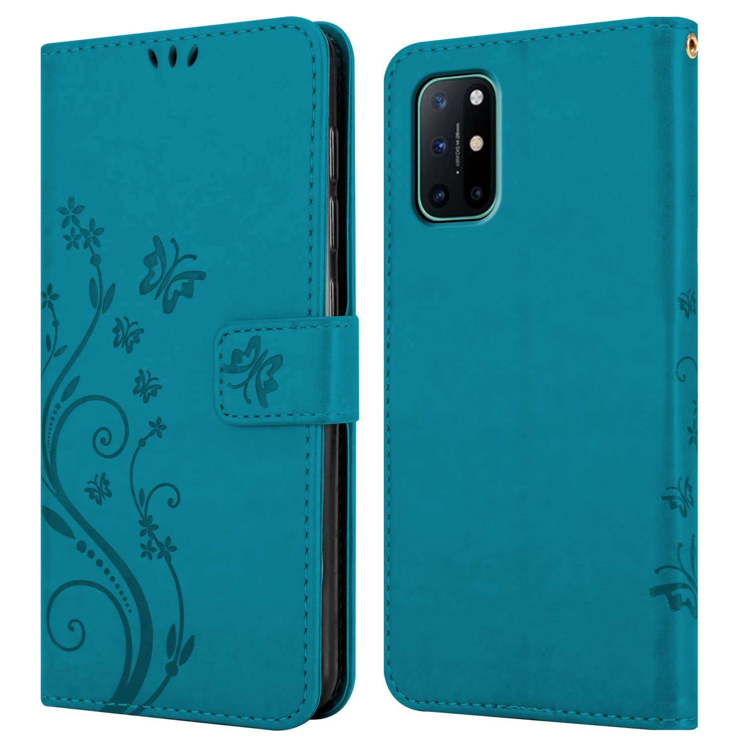 Custodia per telefono turchese, aperta che mostra un motivo floreale. Design a farfalla sulla cover.