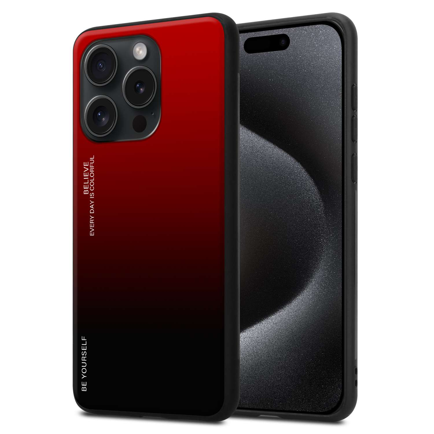 Ein Telefon mit einer rot-schwarzen Farbverlaufshülle. Die Hülle hat den Text 'BELIEVE EVERY DAY IS COLORFUL'.