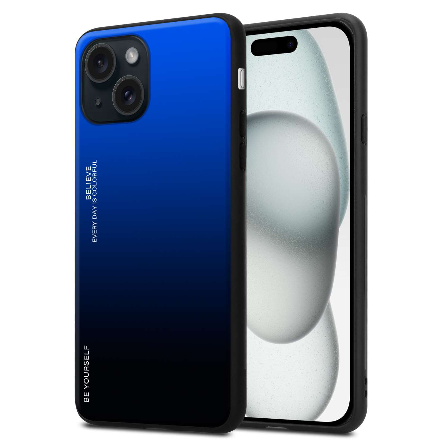 Blau-schwarze Handyhülle mit motivierendem Zitat. Telefon befindet sich im Inneren der Hülle.
