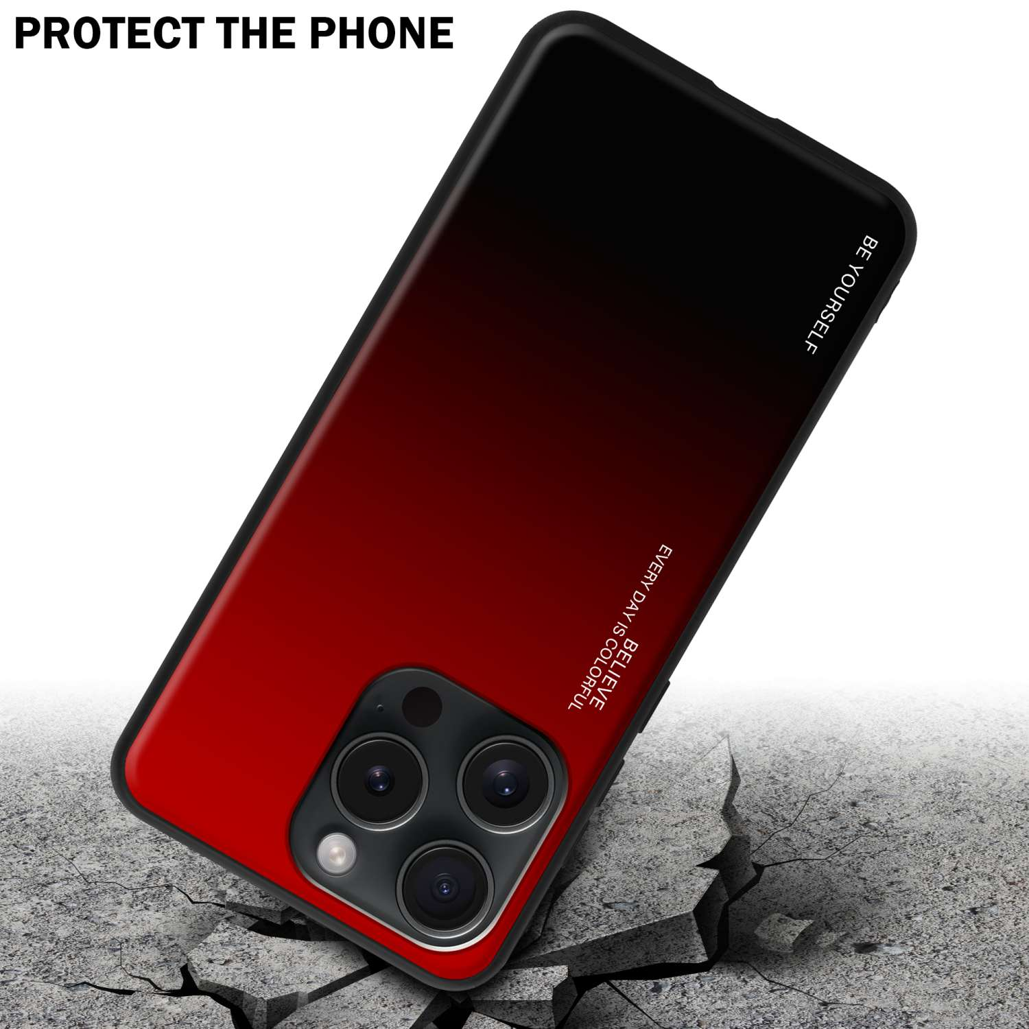 Telefon in einer Schutzhülle, rot und schwarz, abgewinkelt auf einer beschädigten Oberfläche.